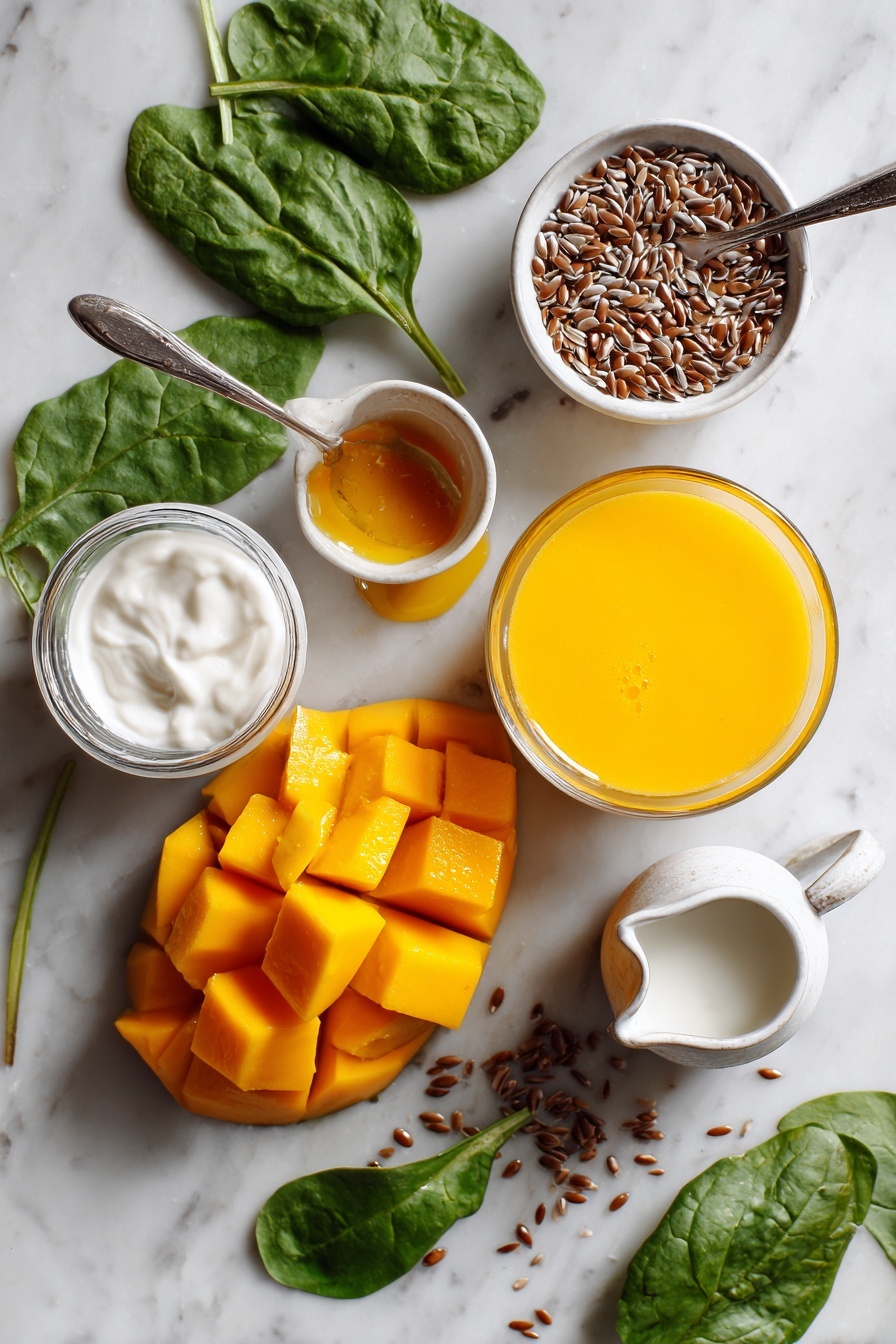 Creamy Mango Smoothie, tropical mango smoothie, easy mango drink, healthy mango smoothie, refreshing fruit smoothie - Flat lay of bright orange frozen mango chunks, a small glass of vibrant orange juice, a dollop of creamy white coconut yogurt, smooth coconut milk in a small jug, a drizzle of golden agave syrup in a spoon, fresh green baby spinach leaves scattered around, and a handful of light brown flax seeds, all beautifully arranged on a white marble surface, photo taken with an iphone --ar 2:3 --v 7