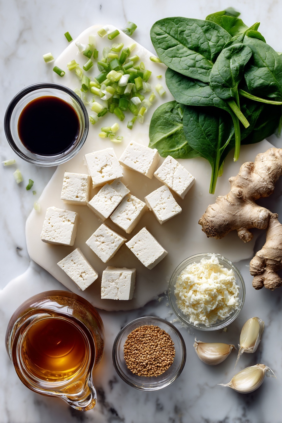 Quick One Pan Tofu Stir Fry, tofu stir fry, easy vegan dinner, quick weeknight meal, healthy tofu recipes - Flat lay of a block of extra-firm tofu cut into cubes, fresh green onions sliced into rings, vibrant baby spinach leaves, peeled garlic cloves, a small pile of fresh grated ginger, a small bowl of dark soy sauce, a glass container of amber maple syrup, and golden sesame seeds beautifully arranged in clusters, placed on a white marble surface, photo taken with an iphone --ar 2:3 --v 7
