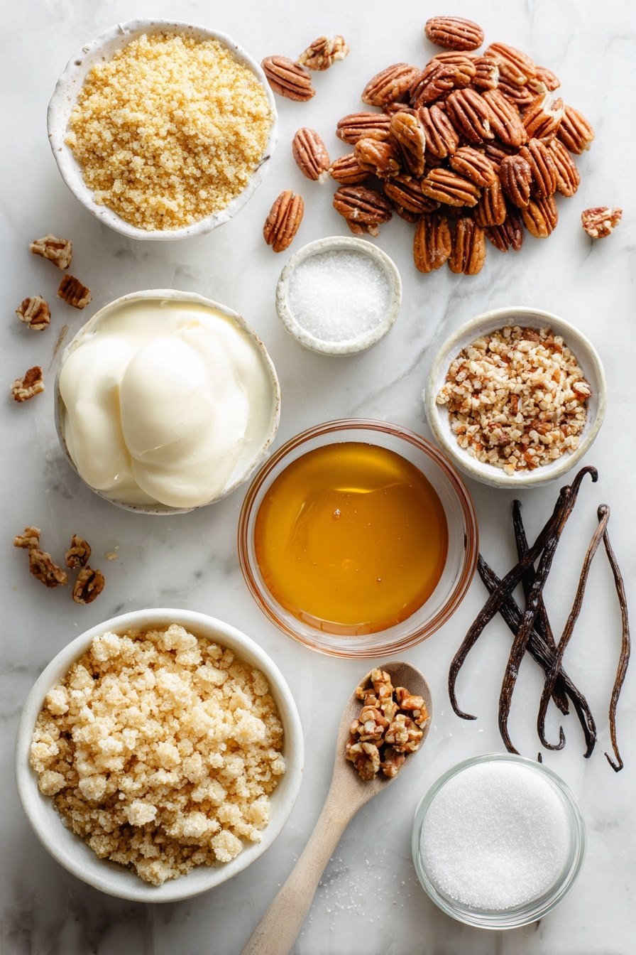 Angel Pecan Pie, light pecan pie, fluffy egg white pecan pie, maple pecan pie, holiday pecan dessert - Flat lay of finely crushed golden butter crackers, whole and chopped glossy pecans, fresh egg whites in a soft peak form, smooth vanilla beans split open, rich and creamy heavy whipping cream, amber-colored real maple syrup in a small pool, scattered granulated white sugar crystals, and a sprinkle of baking powder, all beautifully arranged with natural light highlighting their textures and colors, placed on a white marble surface, photo taken with an iphone --ar 2:3 --v 7