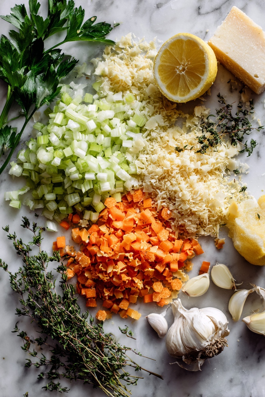 Italian Pastina Soup, Italian Pastina Soup Recipe, comforting Italian soups, easy Italian pasta soup, quick homemade Italian soup - Flat lay of finely diced celery, carrot, and onion, whole garlic cloves, fresh thyme sprigs, uncooked pastina pasta, fresh parsley leaves, a halved lemon, and a wedge of parmesan cheese, all beautifully arranged with vibrant colors and natural textures, placed on a white marble surface, photo taken with an iphone --ar 2:3 --v 7