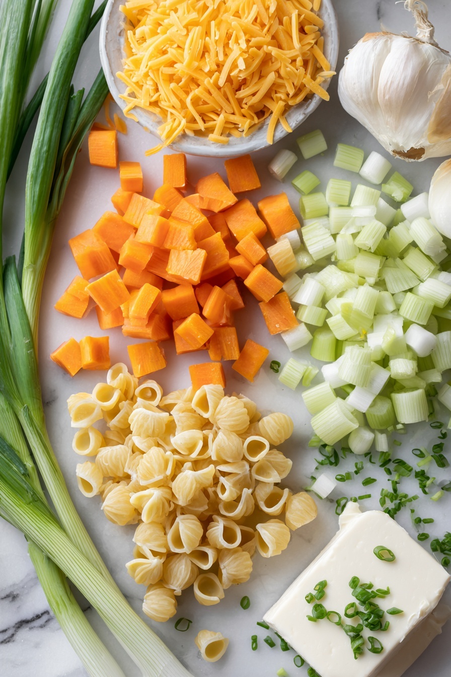 Creamy Mac & Cheese Soup with Cheddar and Vegetables, cheesy vegetable soup, easy cheesy soup recipe, hearty comfort soup, healthy mac and cheese soup - Flat lay of diced orange carrots, diced pale green celery stalks, a whole peeled onion with layers visible, peeled garlic cloves scattered nearby, a block of creamy white cream cheese, bright yellow shredded cheddar cheese heaps, uncooked small pasta shells, fresh green chives and sliced green onions sprinkled artfully, placed on a white marble surface, photo taken with an iphone --ar 2:3 --v 7