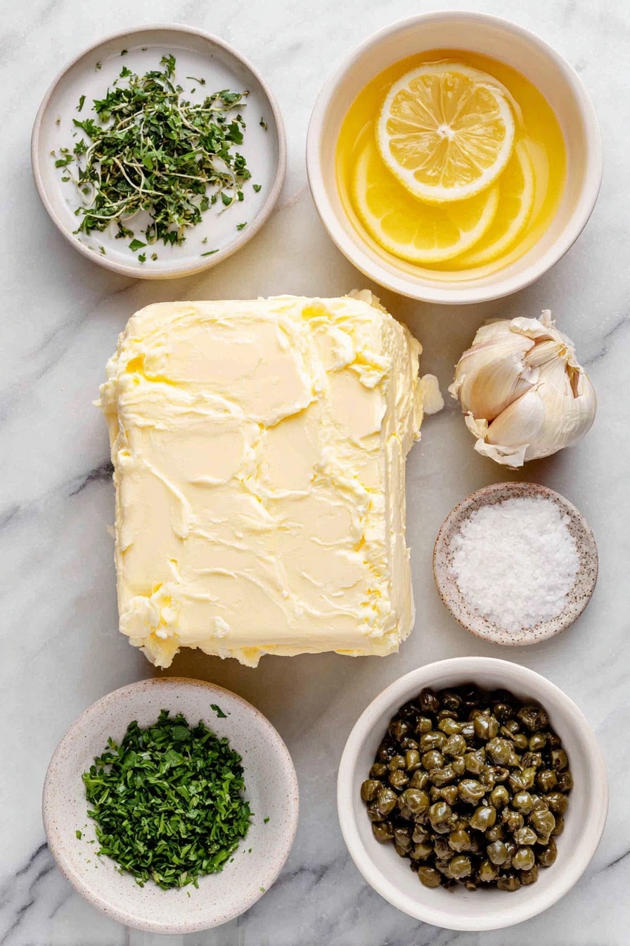 Lemon Caper Sauce, Lemon Caper Sauce recipe, how to make lemon caper sauce, easy lemon caper sauce, versatile sauce for fish and chicken - Flat lay of a small mound of unsalted butter, a single small garlic clove, a small white ceramic bowl filled with freshly squeezed lemon juice, a small white ceramic bowl holding green capers, a few sprigs of finely chopped fresh parsley, and a small white ceramic bowl of kosher salt, all arranged with perfect symmetry on a clean white marble surface, soft natural light, photo taken with an iPhone, professional food photography style, fresh ingredients, white ceramic bowls, no bottles, no duplicates, no utensils, no packaging --ar 2:3 --v 7 --p awthu7i m7354615311229779997