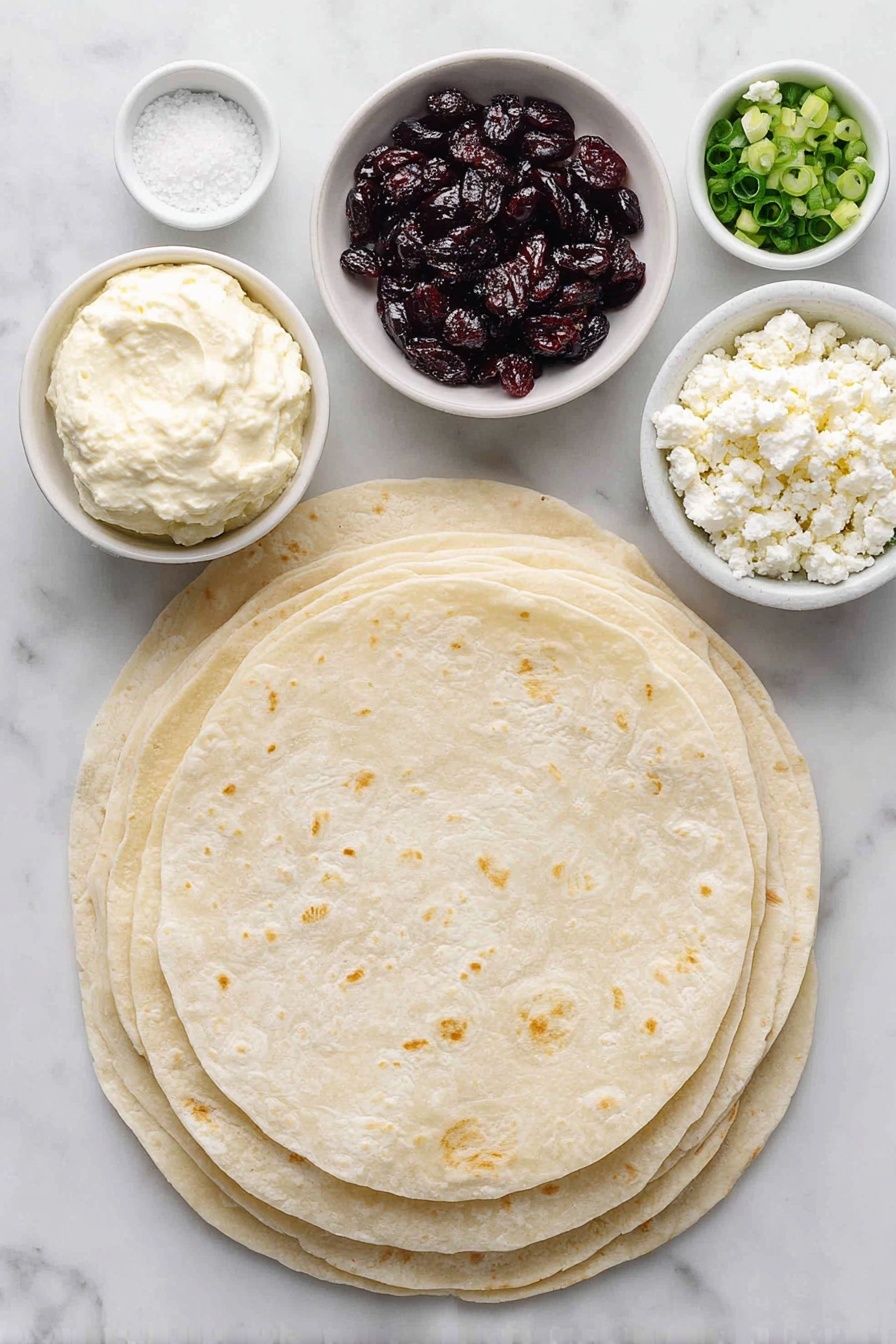 Cranberry Feta Pinwheels, Cranberry Feta Wraps, Easy Cranberry Appetizer, Holiday Cranberry Snacks, Cream Cheese Pinwheels - Flat lay of fresh whole spinach tortillas stacked neatly, a smooth mound of softened cream cheese in a small white ceramic bowl, a small white bowl filled with plump dried cranberries, a small white bowl with crumbled feta cheese, a small white bowl containing freshly sliced green onions, a small white bowl holding fine white sugar crystals, all arranged in perfect symmetry on a clean white marble surface, soft natural light, photo taken with an iPhone, professional food photography style, fresh ingredients, white ceramic bowls, no bottles, no duplicates, no utensils, no packaging --ar 2:3 --v 7 --p awthu7i m7354615311229779997