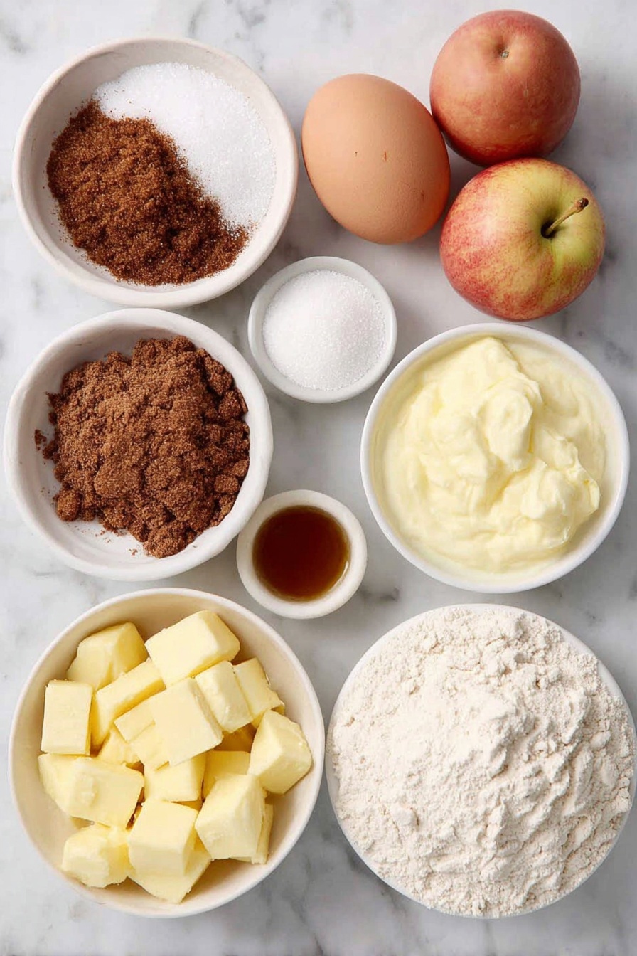 Apple Cinnamon Crumb Muffins, apple cinnamon muffins recipe, cinnamon apple muffins, crumb muffin recipe, cozy breakfast muffins - Flat lay of a small pile of light and dark brown sugar crystals, a small mound of granulated white sugar, a teaspoon of ground cinnamon as a fine powder, a few chunks of unsalted butter melting slightly, a small heap of all-purpose flour, two large whole uncracked brown eggs, a small white bowl filled with creamy plain yogurt, a small white bowl with pale golden milk, two medium peeled and chopped fresh apples with visible skin edges, and a small white bowl containing pure vanilla extract placed on a clean white marble surface, soft natural light, photo taken with an iPhone, professional food photography style, fresh ingredients, white ceramic bowls, no bottles, no duplicates, no utensils, no packaging --ar 2:3 --v 7 --p awthu7i m7354615311229779997