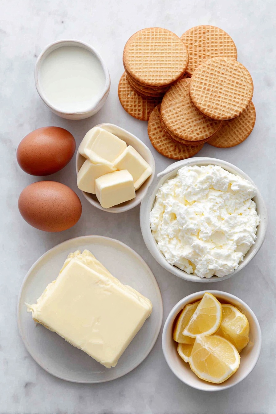 No-Bake Cheesecake with Condensed Milk, no-bake cheesecake recipe, easy cheesecake, creamy dessert, no-bake dessert ideas - Flat lay of whole vanilla wafers arranged in a neat cluster, a few pats of smooth salted butter on a simple white ceramic plate, two uncracked brown eggs with clean shells, a small white ceramic bowl filled with glossy sweetened condensed milk, a block of dense cream cheese with a creamy texture on a white ceramic dish, and a small white ceramic bowl holding fresh lemon wedges, placed on a clean white marble surface, soft natural light, photo taken with an iPhone, professional food photography style, fresh ingredients, white ceramic bowls, no bottles, no duplicates, no utensils, no packaging --ar 2:3 --v 7 --p awthu7i m7354615311229779997