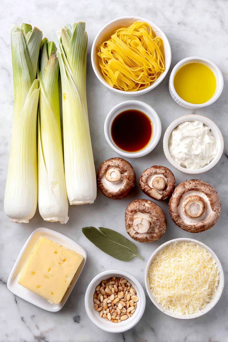 Caramelized Leek & Mushroom Gruyere Pasta, caramelized leek pasta, mushroom and Gruyere pasta, comforting leek pasta recipe, easy mushroom pasta dish - Flat lay of fresh sliced pale green leeks, whole oyster mushrooms with smooth caps, a small mound of uncooked yellow fettuccine pasta, a few whole sage leaves, four whole uncracked brown garlic cloves, a small white bowl of golden olive oil, a small white bowl of creamy white butter, a small white bowl of thick heavy cream, a small white bowl of dark balsamic vinegar, a small white bowl of amber sherry wine, a small white bowl of finely grated pale yellow gruyere cheese, a small white bowl of toasted light brown pine nuts, a small white bowl of bright yellow lemon zest, scattered whole black peppercorns, coarse sea salt crystals, all arranged symmetrically and balanced on a clean white marble surface, soft natural light, photo taken with an iPhone, professional food photography style, fresh ingredients, white ceramic bowls, no bottles, no duplicates, no utensils, no packaging --ar 2:3 --v 7 --p awthu7i m7354615311229779997