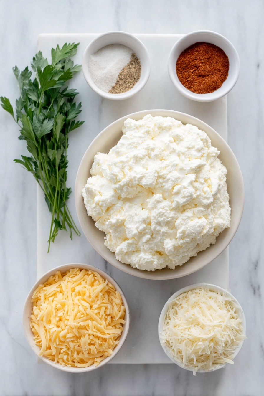 Cottage Cheese Chips, healthy cottage cheese snacks, crunchy cheese chips, easy baked cheese chips, protein-packed snacks - Flat lay of a small mound of fresh full-fat cottage cheese, a few sprigs of fresh parsley, a small white ceramic bowl of garlic powder, a small white ceramic bowl of taco seasoning, a small white ceramic bowl of grated cheddar cheese, and a small white ceramic bowl of grated parmesan cheese placed in perfect symmetry around the cottage cheese, all ingredients fresh and natural, arranged on a simple white ceramic tray, placed on a clean white marble surface, soft natural light, photo taken with an iPhone, professional food photography style, fresh ingredients, white ceramic bowls, no bottles, no duplicates, no utensils, no packaging --ar 2:3 --v 7 --p awthu7i m7354615311229779997