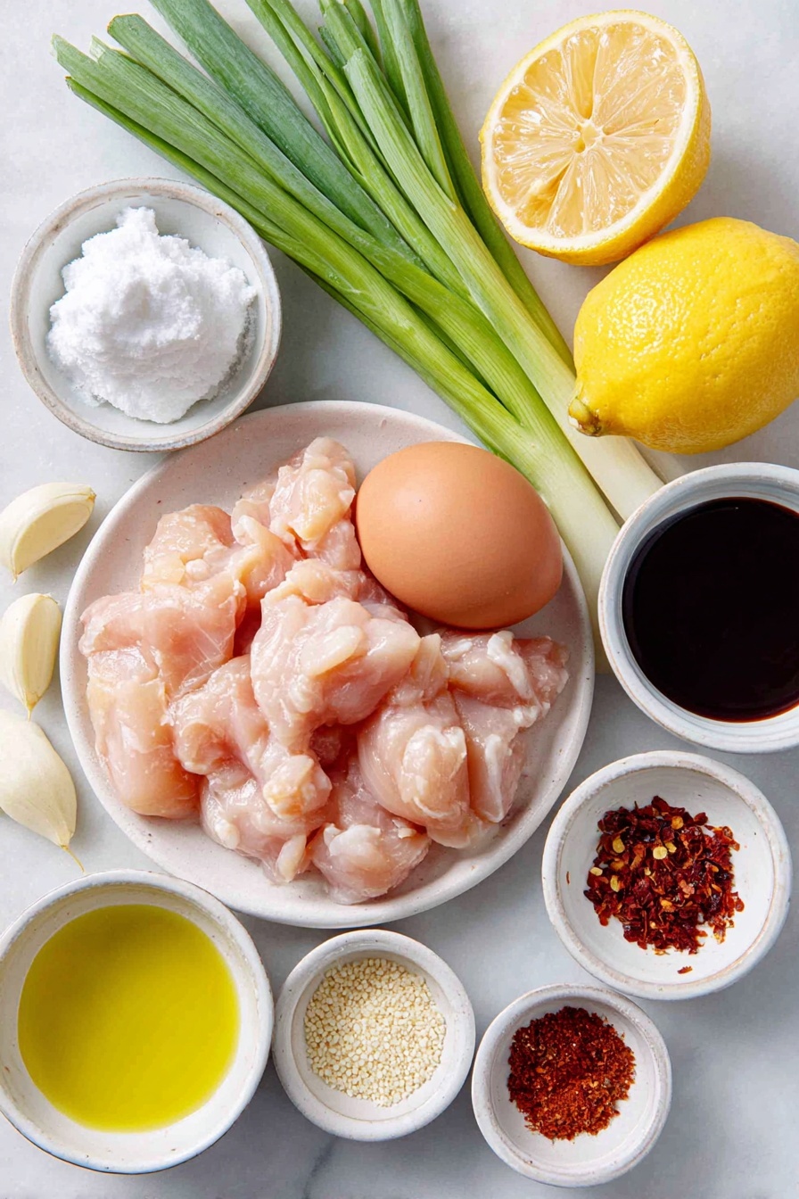 Sticky Honey Lemon Chicken, honey lemon chicken, lemon chicken recipe, crispy honey lemon chicken, easy chicken dinner - Flat lay of boneless skinless chicken breasts cut into thin bite-sized pieces, a whole clean brown egg, a small mound of white cornstarch on a simple white ceramic plate, a few peeled fresh garlic cloves grated, a piece of fresh ginger root grated, thinly sliced scallions arranged neatly, a small pile of toasted sesame seeds, a whole lemon cut in half showing bright yellow zest and juice, a small white ceramic bowl of golden honey, a small white ceramic bowl with dark low-sodium soy sauce, a small white ceramic bowl of light golden olive oil, a small white ceramic bowl with pale rice wine vinegar, and a small white ceramic bowl with crushed red chili flakes, all ingredients fresh and natural, balanced and symmetrical composition, placed on a clean white marble surface, soft natural light, photo taken with an iPhone, professional food photography style, fresh ingredients, white ceramic bowls, no bottles, no duplicates, no utensils, no packaging --ar 2:3 --v 7 --p awthu7i m7354615311229779997