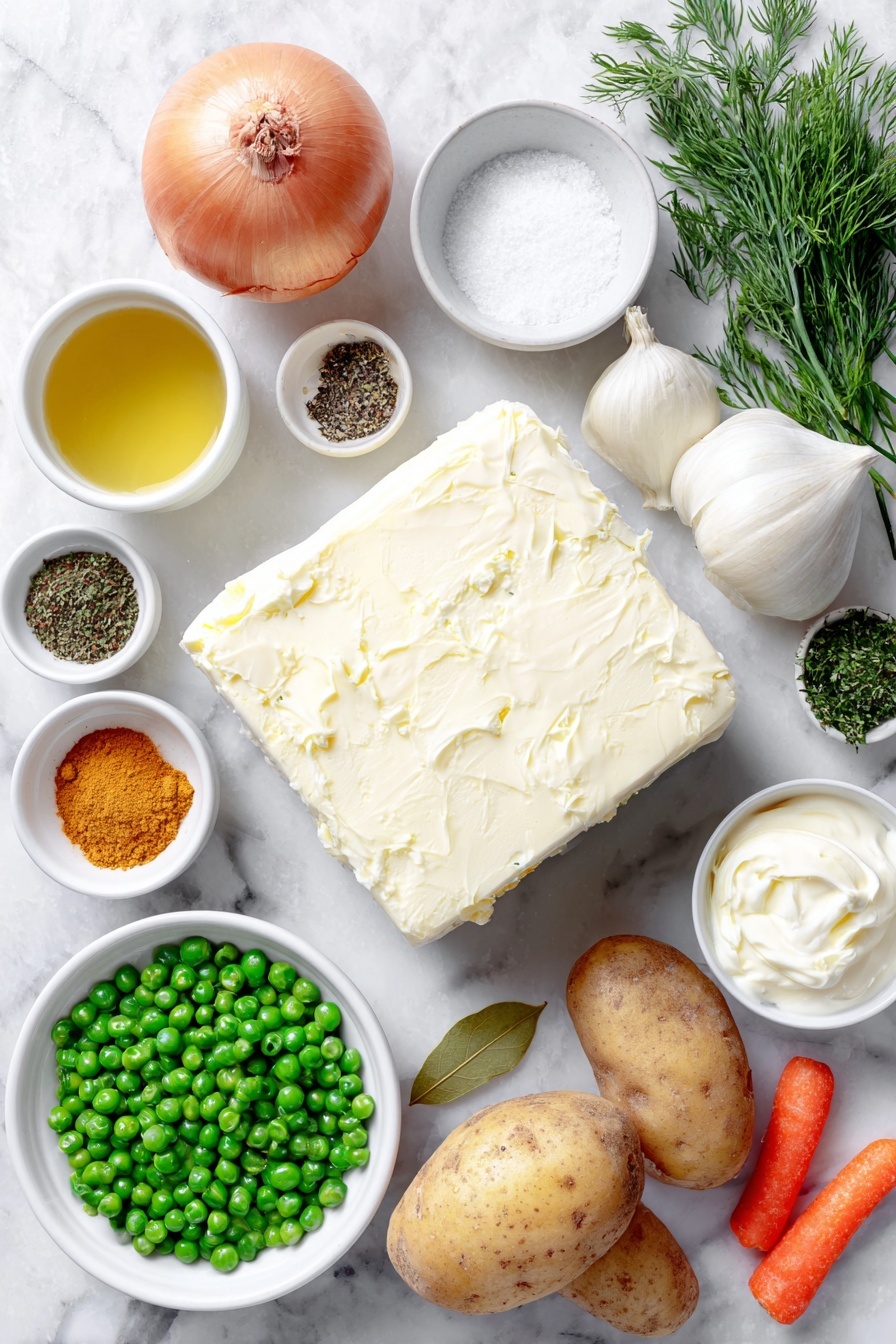 Polish Dill Soup, Polish soup recipes, Eastern European soups, flavorful dill soup, homemade dill soup - Flat lay of a small cube of unsalted butter, one whole brown onion, two whole garlic cloves, three peeled and diced carrots, two chopped scallions showing their white and light green parts, a small white ceramic bowl of coarse salt, a small white ceramic bowl of whole black peppercorns, a small white ceramic bowl of dried marjoram, a small white ceramic bowl of ground turmeric, a small white ceramic bowl of ground nutmeg, one fresh bay leaf, three peeled and diced waxy potatoes, a small white ceramic bowl of bright green frozen peas, a small white ceramic bowl filled with golden chicken broth, a small white ceramic bowl of full fat sour cream at room temperature, and a small pile of freshly chopped dill on a simple white ceramic plate, all arranged symmetrically and evenly spaced, placed on a clean white marble surface, soft natural light, photo taken with an iPhone, professional food photography style, fresh ingredients, white ceramic bowls, no bottles, no duplicates, no utensils, no packaging --ar 2:3 --v 7 --p awthu7i m7354615311229779997