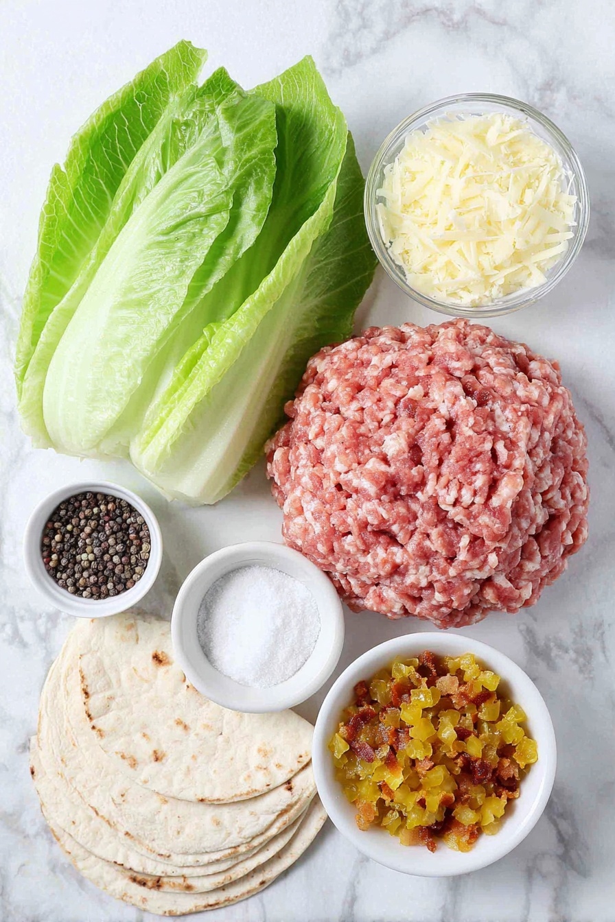 Smash Chicken Caesar Tacos, chicken Caesar tacos, easy taco recipes, weeknight dinner ideas, crispy chicken tacos - Flat lay of fresh ground chicken in a small mound, a small white bowl of garlic powder, a small white bowl of coarse salt, a small white bowl of black peppercorns, a neat stack of small soft flour tortillas, a halved head of crisp romaine lettuce showing vibrant green leaves, a small white bowl filled with creamy Caesar dressing, a small white bowl of finely grated parmesan cheese, and a small white bowl with golden crispy bacon bits, all arranged in perfect symmetry on a clean white marble surface, soft natural light, photo taken with an iPhone, professional food photography style, fresh ingredients, white ceramic bowls, no bottles, no duplicates, no utensils, no packaging --ar 2:3 --v 7 --p m7354615311229779997