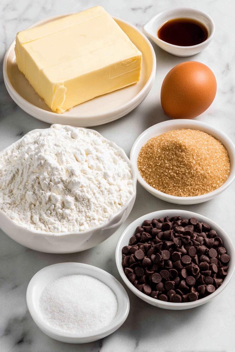 Chocolate Chip Cookie Cake, Cookie Cake Recipe, how to make cookie cake, easy cookie cake, decadent cookie cake dessert - Flat lay of room-temperature unsalted butter in a large white ceramic bowl, packed light brown sugar in a small white ceramic bowl, one whole large brown egg and one white egg yolk on a white ceramic dish, pure vanilla extract in a small white ceramic bowl, all-purpose flour in a simple white ceramic bowl, fine cornstarch in a small white ceramic bowl, baking soda in a small white ceramic bowl, fine salt in a small white ceramic bowl, semi-sweet chocolate chips scattered naturally on a white ceramic plate, placed on a clean white marble surface, soft natural light, photo taken with an iPhone, professional food photography style, fresh ingredients, white ceramic bowls, no bottles, no duplicates, no utensils, no packaging --ar 2:3 --v 7 --p m7354615311229779997