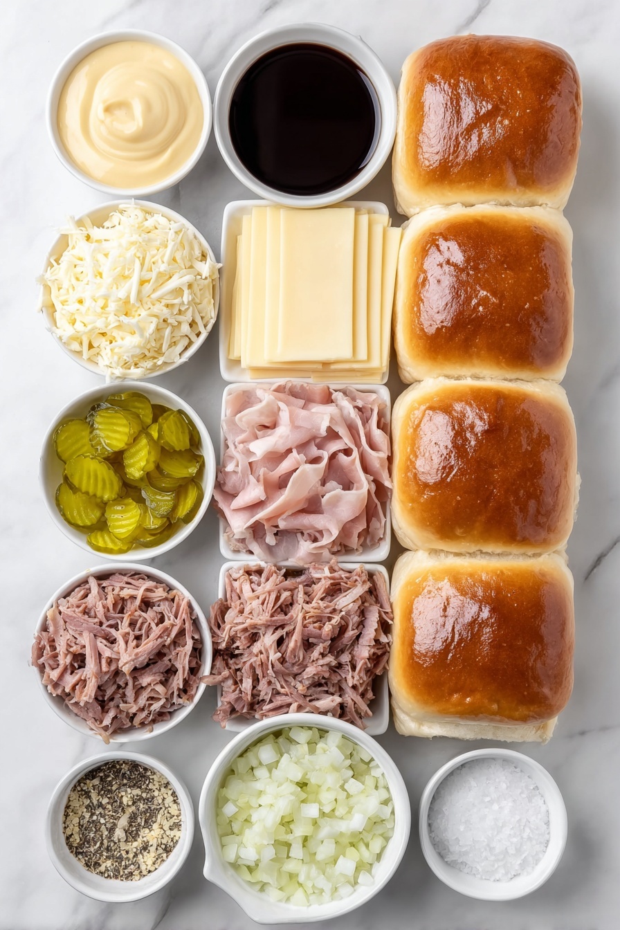 Cheesy Pulled Pork Cuban Sliders, pulled pork sliders recipe, Cuban sliders with cheese, easy pulled pork sliders, flavorful slider sandwiches - Flat lay of a stack of twelve glossy Hawaiian sweet dinner rolls, a small white ceramic bowl with smooth Dijon-style mustard, a small white ceramic bowl holding dark Worcestershire sauce, thinly sliced delicate pink deli ham arranged neatly, a mound of tender pulled pork with a rich, juicy texture, twelve slices of pale yellow Swiss cheese laid flat, a simple white ceramic bowl filled with bright green dill pickle chips, a small white ceramic bowl containing melted golden butter, a small white ceramic bowl with dried minced garlic flakes, a small white ceramic bowl with dried minced onion flakes, a small white ceramic bowl with tiny black poppy seeds, and a small white ceramic bowl holding large flaky sea salt crystals, all arranged symmetrically on a clean white marble surface, soft natural light, photo taken with an iPhone, professional food photography style, fresh ingredients, white ceramic bowls, no bottles, no duplicates, no utensils, no packaging --ar 2:3 --v 7 --p m7354615311229779997