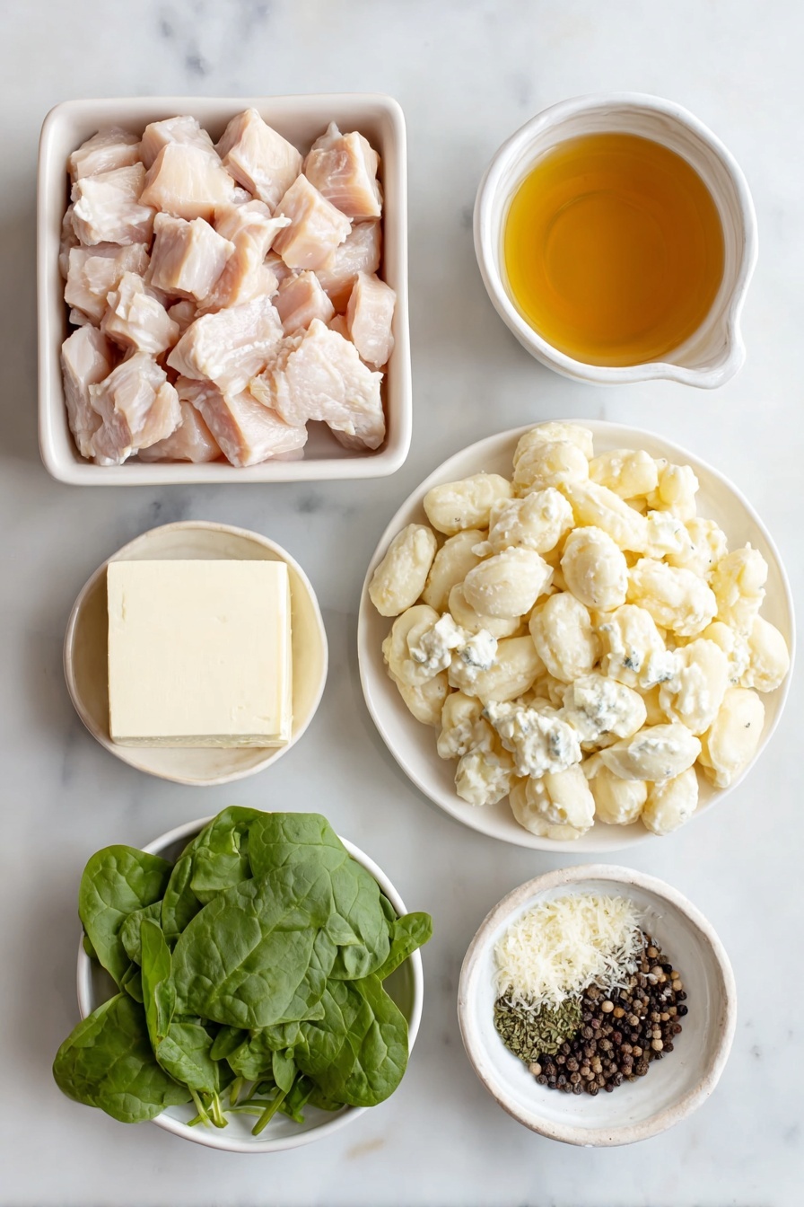 Creamy Chicken Gnocchi Skillet, chicken gnocchi dinner, easy creamy chicken recipe, one-pan chicken gnocchi, quick weeknight skillet meal - Flat lay of a small white ceramic bowl of golden olive oil, a pat of unsalted butter on a white ceramic plate, diced raw chicken breast pieces arranged neatly on a simple white ceramic dish, four whole garlic cloves unpeeled placed beside a small white bowl of dry white wine, a small white bowl containing mixed Italian herbs, a small white bowl filled with clear chicken stock, a block of fresh cream cheese on a white ceramic plate, a mound of fresh gnocchi arranged on a white ceramic dish, a handful of bright baby spinach leaves loosely spread, a small white bowl with finely grated Parmesan cheese, and a small pile of whole black peppercorns all placed on a clean white marble surface, soft natural light, photo taken with an iPhone, professional food photography style, fresh ingredients, white ceramic bowls, no bottles, no duplicates, no utensils, no packaging --ar 2:3 --v 7 --p m7354615311229779997