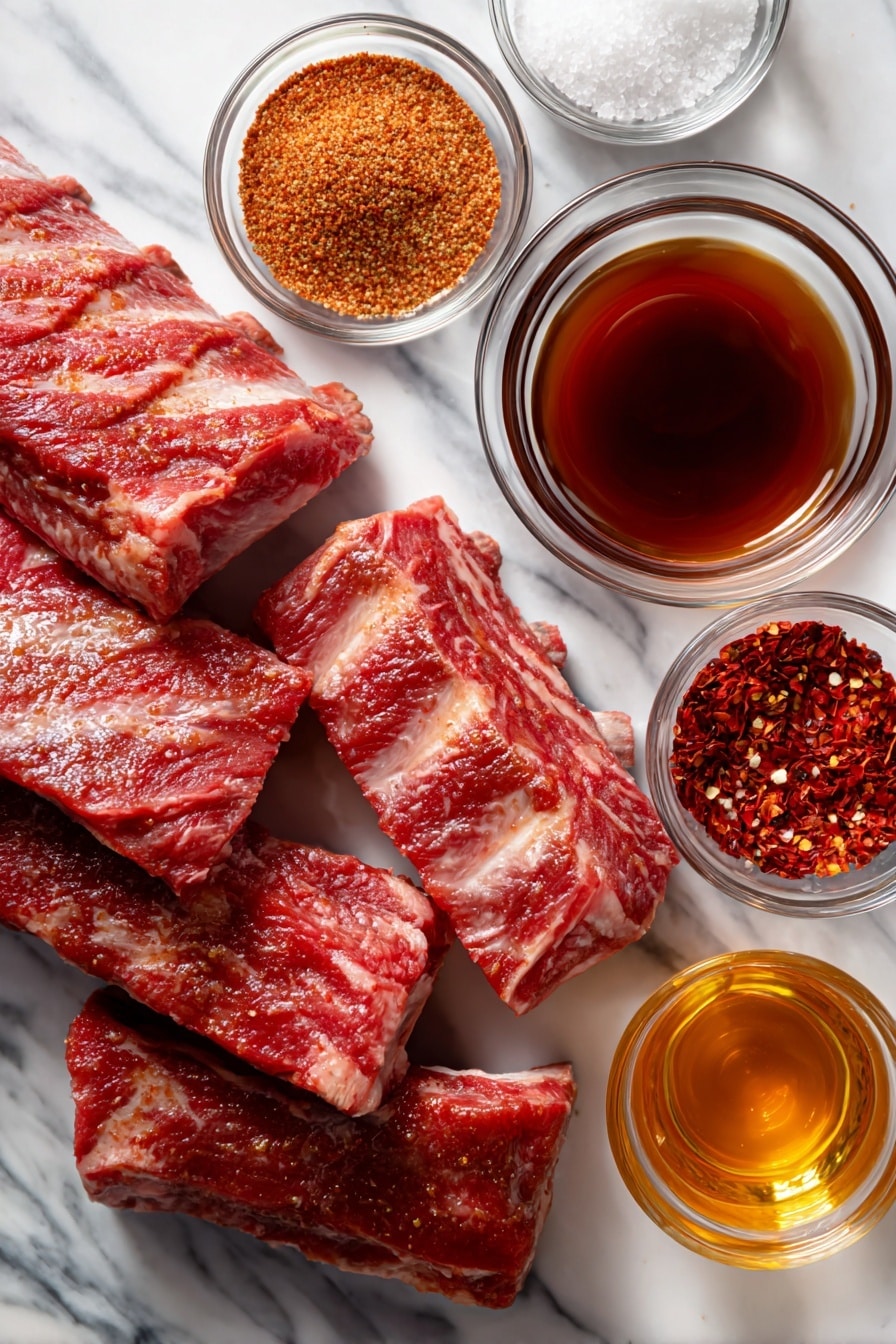 Crockpot Ribs, slow cooker ribs, easy ribs recipe, tender BBQ ribs, best crockpot ribs - Flat lay of fresh St. Louis-style pork spareribs with rich marbling, vibrant red smoked paprika powder, golden brown coarse brown sugar crystals, coarse white kosher salt, deep black ground pepper, bright red crushed red pepper flakes, a small clear glass bowl of dark reddish-brown BBQ sauce with glossy texture, and a small clear glass container of pale amber apple cider vinegar, all beautifully arranged with contrasting colors and textures, placed on white marbled surface, photo taken with an iphone --ar 2:3 --v 7