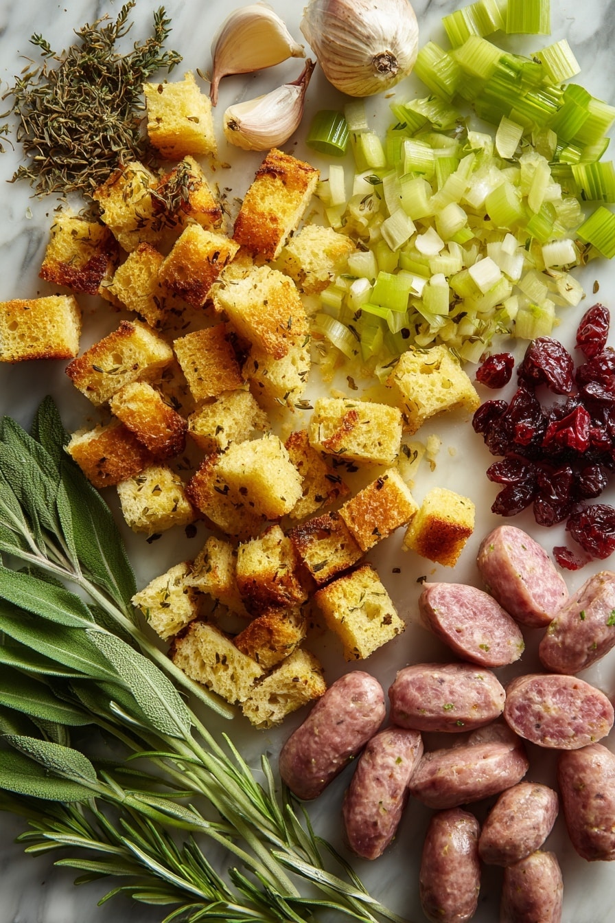 Sausage and Herb Stuffing with Cranberries, festive stuffing recipe, holiday side dish, savory sausage stuffing, easy holiday stuffing - Flat lay of roughly chopped golden toasted bread cubes with a crispy texture, fresh plump Italian sausage links in their natural pinkish-beige color with specks of herbs, finely chopped translucent yellow onions, bright green celery stalks sliced into small pieces, peeled large garlic cloves with smooth white surfaces, vibrant green flat-leaf parsley leaves alongside fresh sage and rosemary sprigs showcasing textured, needle-like leaves, small clusters of deep red dried cranberries with a wrinkled surface, all arranged naturally with some herbs sprinkled loosely, placed on white marbled surface, photo taken with an iphone --ar 2:3 --v 7