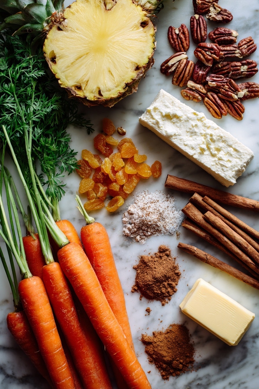 Classic Carrot Cake with Cream Cheese Frosting, moist carrot cake recipe, best carrot cake with cream cheese frosting, easy homemade carrot cake, spiced carrot cake dessert - Flat lay of fresh bright orange whole carrots with leafy green tops, a small pile of light brown crushed pecans, golden raisins scattered nearby, a halved ripe pineapple showing juicy yellow flesh, a smooth block of creamy white cream cheese, a stick of pale yellow butter, whole cinnamon sticks with warm reddish-brown tones, and small piles of ground cinnamon and nutmeg powders in soft brown shades, all beautifully arranged with natural textures and rich colors, placed on white marbled surface, photo taken with an iphone --ar 2:3 --v 7