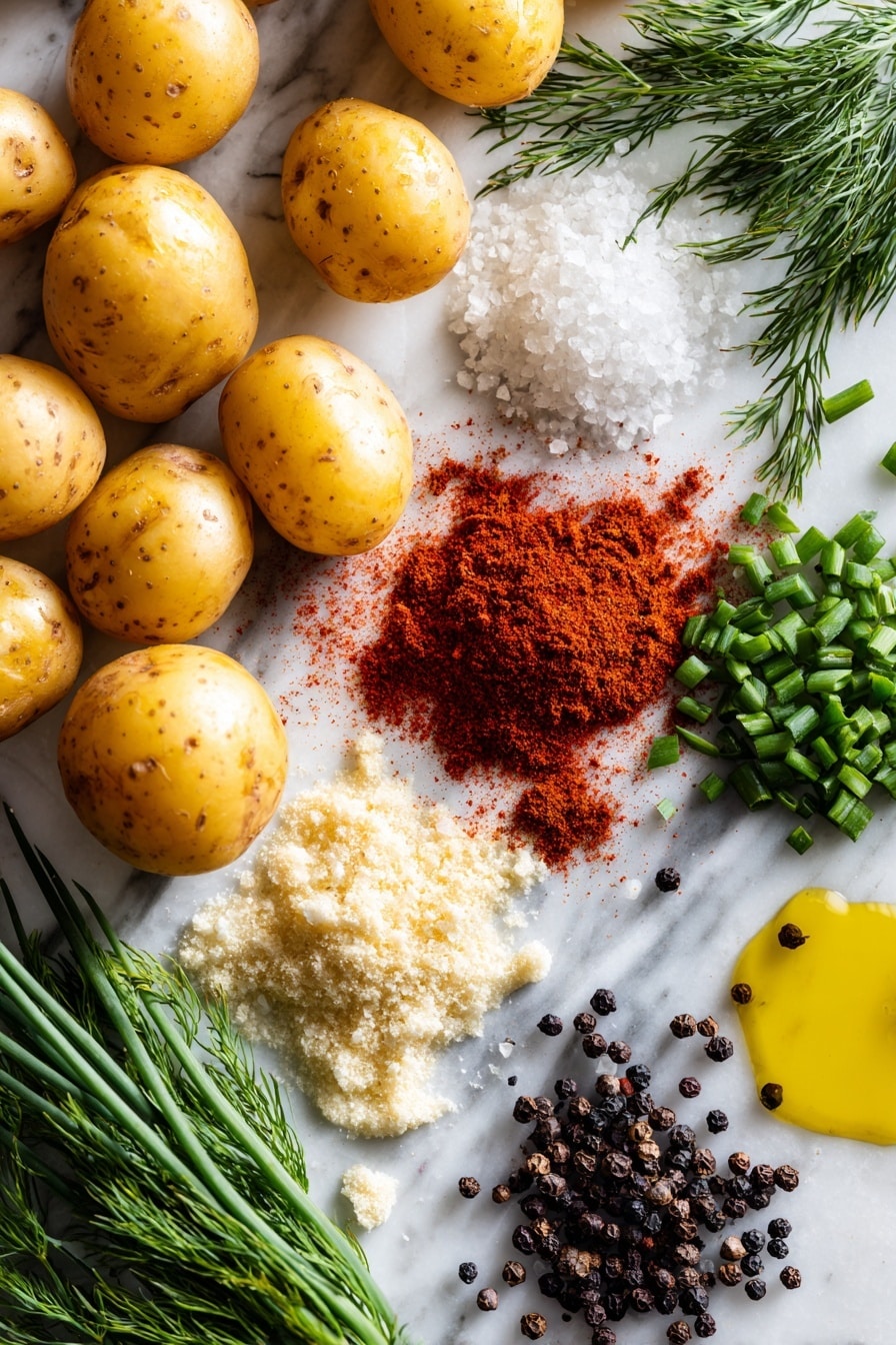 How to Make Smashed Potatoes, crispy smashed potatoes, easy smashed potato recipe, garlic smashed potatoes, roasted smashed potatoes - Flat lay of small golden potatoes with smooth, waxy skin, fresh green dill sprigs, and finely chopped bright green chives, scattered piles of smoked paprika in rich red powder, garlic powder and onion powder in soft off-white mounds, coarse flaky sea salt crystals sparkling white, whole black peppercorns with a glossy finish, and a small puddle of golden extra-virgin olive oil glistening softly, all beautifully arranged with natural spacing and gentle overlaps, placed on white marbled surface, photo taken with an iphone --ar 2:3 --v 7