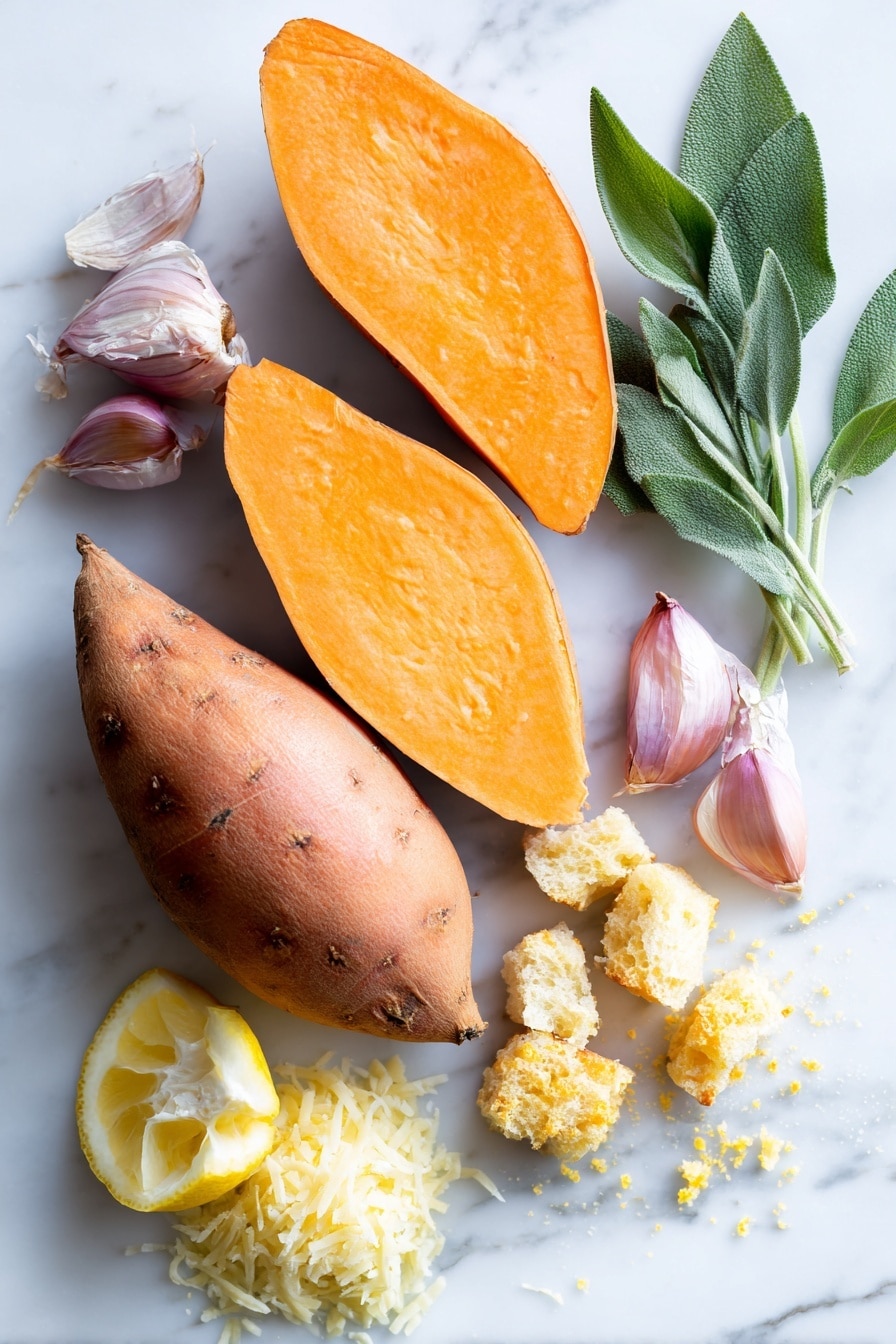 Savory Sweet Potato Casserole with Sage Parmesan and Crispy Bread, Sweet Potato Casserole with Sage Parmesan and Crispy Topping, Elegant Sweet Potato Casserole,Holiday Sweet Potato Side Dish, Fluffy Sweet Potato Casserole with Parmesan - Flat lay of bright orange sweet potatoes halved lengthwise with smooth, slightly rough skin, fresh green sage leaves crisp and vibrant, small golden craggy sourdough bread pieces with textured crust, a plump light purple shallot bulb broken into chopped pieces showing glossy layers, a small pile of finely grated pale yellow Parmesan cheese, a fresh lemon wedge with bright yellow zest curls, and a small heap of golden brown toasted bread crumbs, arranged naturally with some overlapping and soft shadows, placed on white marbled surface, photo taken with an iphone --ar 2:3 --v 7