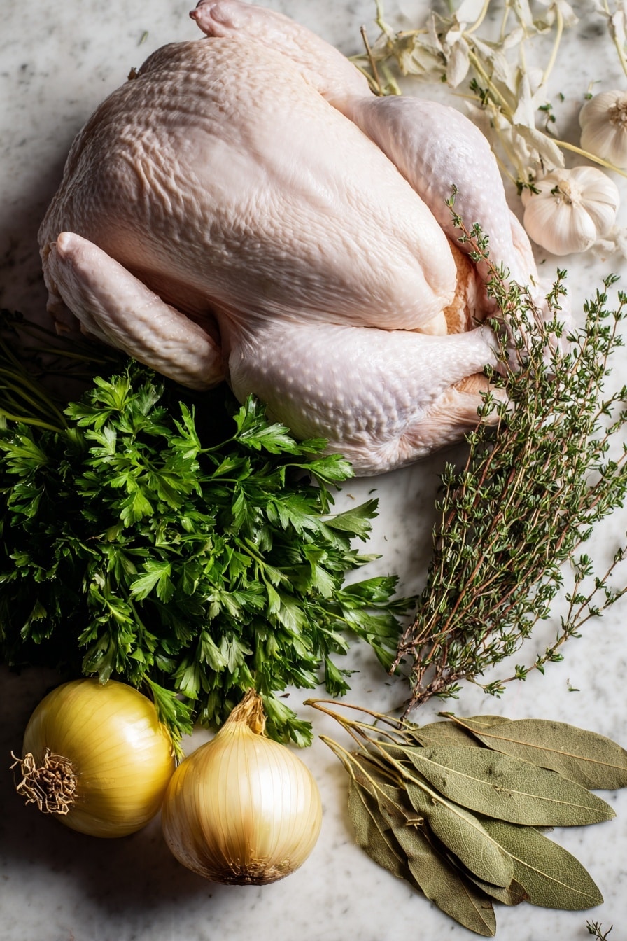 Roasted Herb Butter Turkey, Herb Butter Turkey, Juicy Roast Turkey, Flavorful Turkey Recipe, Holiday Turkey - Flat lay of fresh whole turkey with smooth pale skin, a small bunch of vibrant green Italian parsley with delicate leaves, fresh thyme sprigs showing tiny green leaves on woody stems, a bright yellow quartered onion revealing its crisp layers, a head of garlic cut in half showcasing creamy white cloves with papery skin, and dried bay leaves with deep olive-green color and leathery texture, all naturally arranged with their colors and textures contrasting beautifully, placed on white marbled surface, photo taken with an iphone --ar 2:3 --v 7