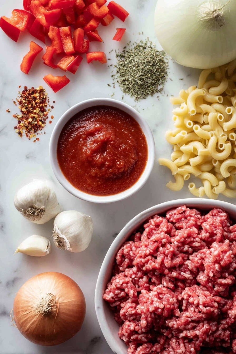 Healthier Slow Cooker Hamburger Helper, healthier dinner ideas, easy slow cooker recipes, comforting family meals, wholesome ground beef recipes - Flat lay of fresh lean ground beef with deep red color and fine texture, a halved medium onion showing its crisp white layers, bright red diced bell pepper pieces, two cloves of peeled garlic with smooth creamy white surfaces, a small bowl of rich red tomato pasta sauce with visible herbs, a scattering of dry uncooked elbow macaroni in pale yellow tones, fresh green Italian seasoning herbs sprinkled gently, and a few vibrant red pepper flakes adding color contrast, all arranged naturally and invitingly on a white marbled surface, photo taken with an iphone --ar 2:3 --v 7
