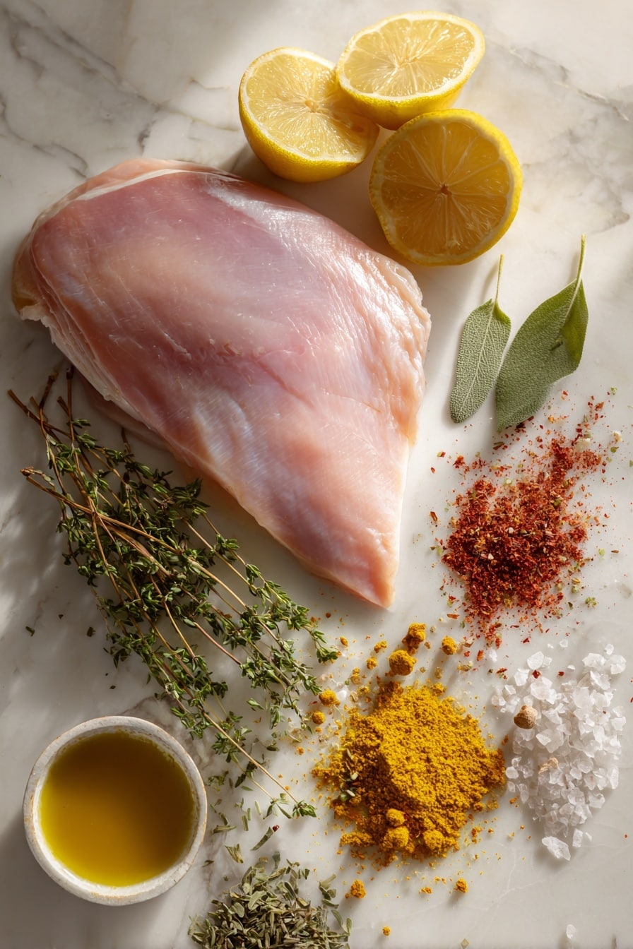 Perfect Smoked Turkey Breast, smoked turkey breast recipe, juicy smoked turkey, tender smoked turkey, smoky turkey dinner - Flat lay of a large raw turkey breast with smooth pale pink skin, fresh lemon halves with bright yellow flesh, vibrant green sprigs of dried thyme and sage, small piles of red chili powder and smoked paprika with fine textures, coarse garlic salt crystals, and a small pool of golden melted butter, all arranged naturally with some spices gently scattered around, placed on white marbled surface, photo taken with an iphone --ar 2:3 --v 7