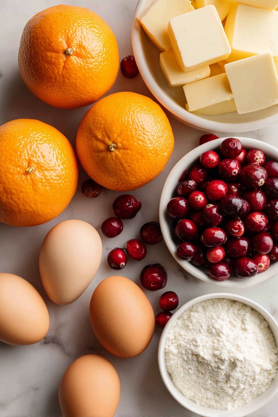 Cranberry Orange Bundt Cake, citrus cranberry cake, holiday bundt cake, easy orange cranberry dessert, moist cranberry orange cake - Flat lay of fresh whole bright orange oranges with textured peel and vibrant orange zest curls, deep red plump fresh cranberries with glossy skins, smooth pale yellow cubes of unsalted butter, rich golden brown packed light brown sugar, creamy white sour cream in a soft dollop, shiny fresh eggs with smooth brown shells, and light beige all-purpose flour dusted lightly around, arranged naturally with some cranberries spilling gently across, placed on white marbled surface, photo taken with an iphone --ar 2:3 --v 7