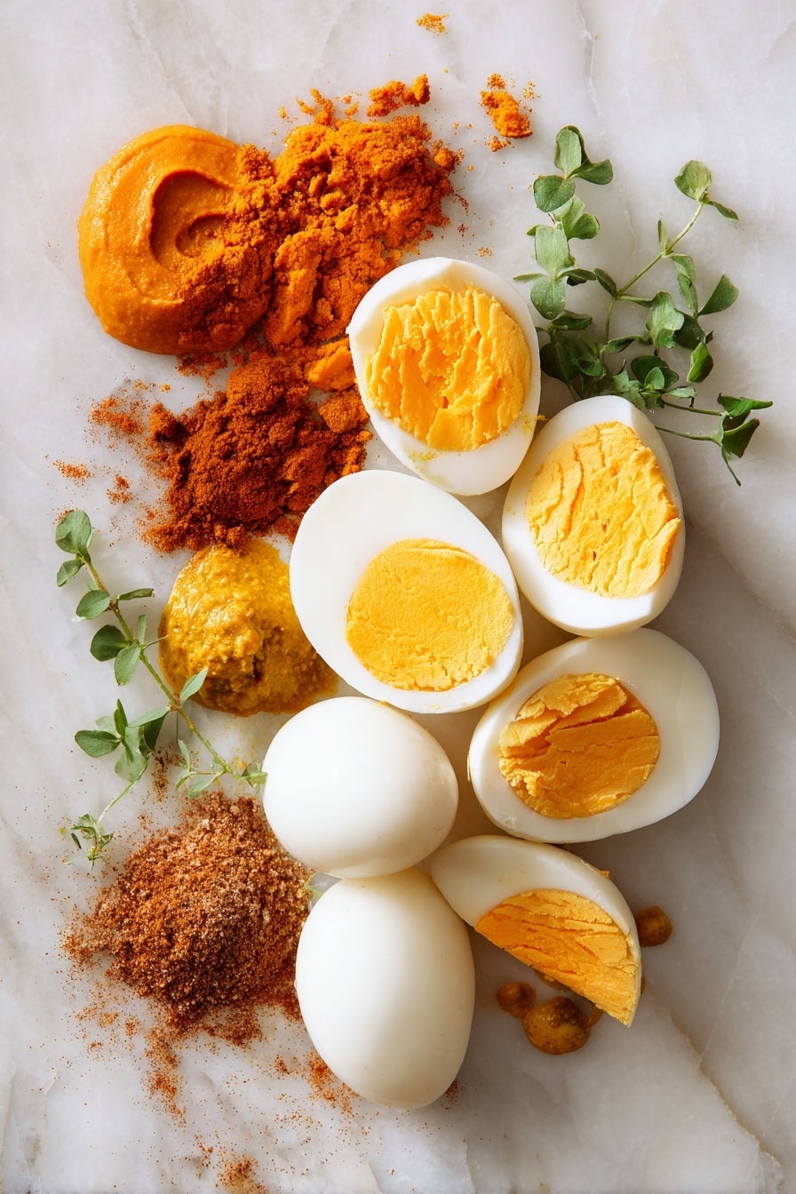 Pumpkin Devilled Eggs, fall deviled eggs recipe, pumpkin appetizer ideas, easy holiday snacks, festive pumpkin snacks - Flat lay of halved hard boiled eggs with smooth white egg whites and bright yellow yolks, a small mound of rich orange pumpkin puree with a velvety texture, vibrant golden mustard dollops, a scattering of warm brownish-red paprika powder, and a small pile of mixed pumpkin spice with warm earthy tones, all neatly arranged in natural clusters with some fresh green herbs subtly placed for contrast, placed on white marbled surface, photo taken with an iphone --ar 2:3 --v 7