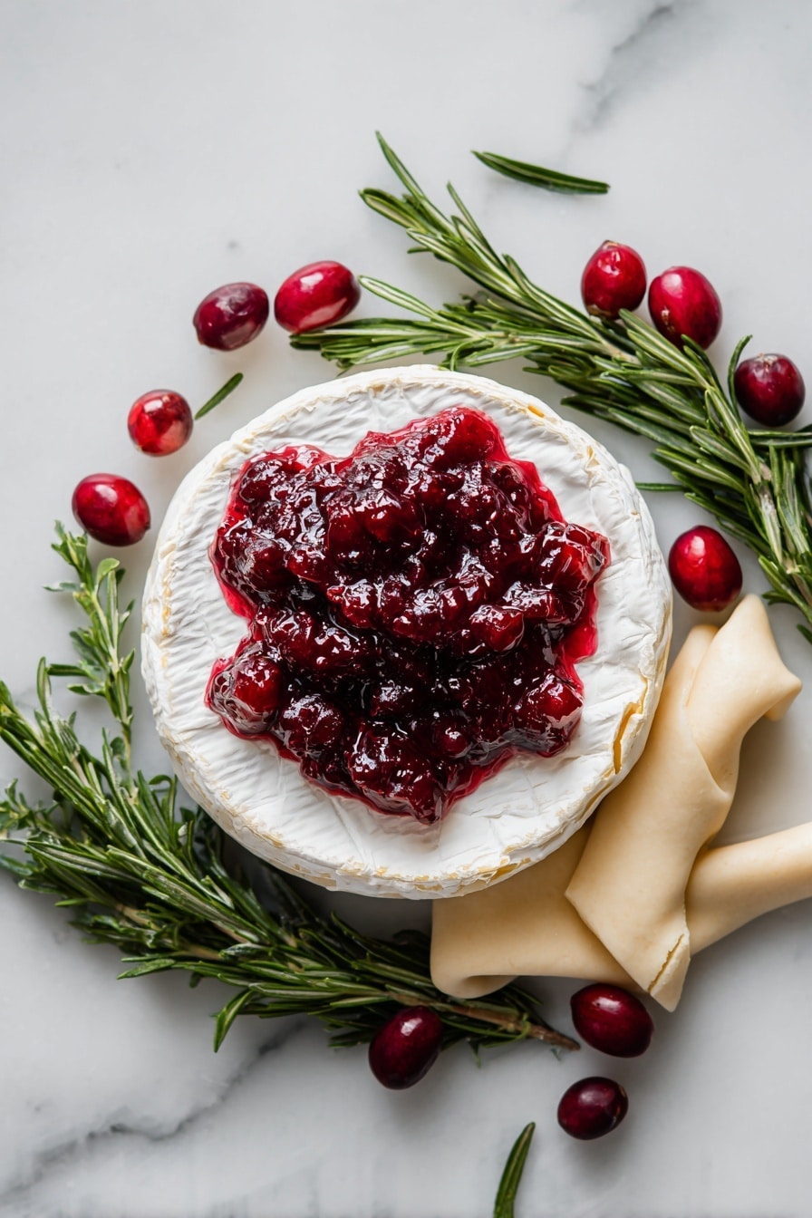 Cranberry Brie Bites, cranberry brie appetizer, holiday party snacks, easy party appetizers, flaky crescent bites - Flat lay of a whole wheel of creamy brie cheese with its soft white rind, a generous spoonful of glossy, deep red whole berry cranberry sauce with visible berries, fresh vibrant green rosemary sprigs with needle-like leaves, and smooth pale beige crescent dough sheet partly unrolled showing its soft, pliable texture, all beautifully arranged with natural spacing and slight overlaps to highlight textures and colors, placed on white marbled surface, photo taken with an iphone --ar 2:3 --v 7
