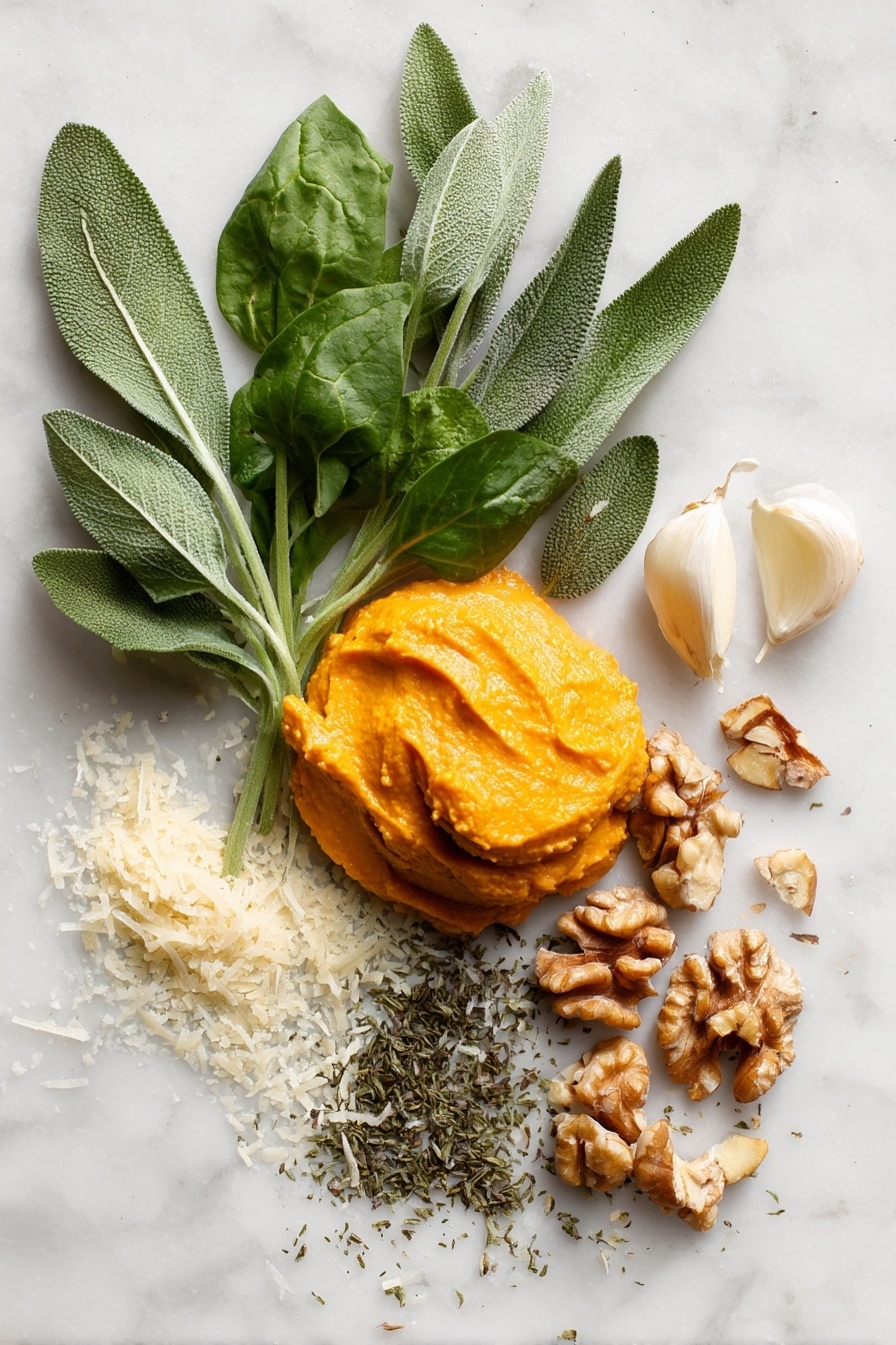 The BEST Pumpkin Pasta, Pumpkin Pasta with Sage and Parmesan, Cozy Pumpkin Pasta Dinner, Creamy Fall Pasta Recipe, Easy Pumpkin Pasta - Flat lay of bright orange pumpkin purée in a smooth dollop, fresh vibrant green spinach leaves scattered naturally, whole sage leaves with their soft fuzzy texture and muted green color, a small pile of chopped light brown walnuts with rough edges, glossy dark green roasted pepitas clustered together, peeled garlic cloves showing their creamy white surface, a handful of pale yellow grated parmesan shreds lying loosely, and dried sage powder sprinkled subtly, all beautifully arranged with natural spacing and contrast, placed on white marbled surface, photo taken with an iphone --ar 2:3 --v 7