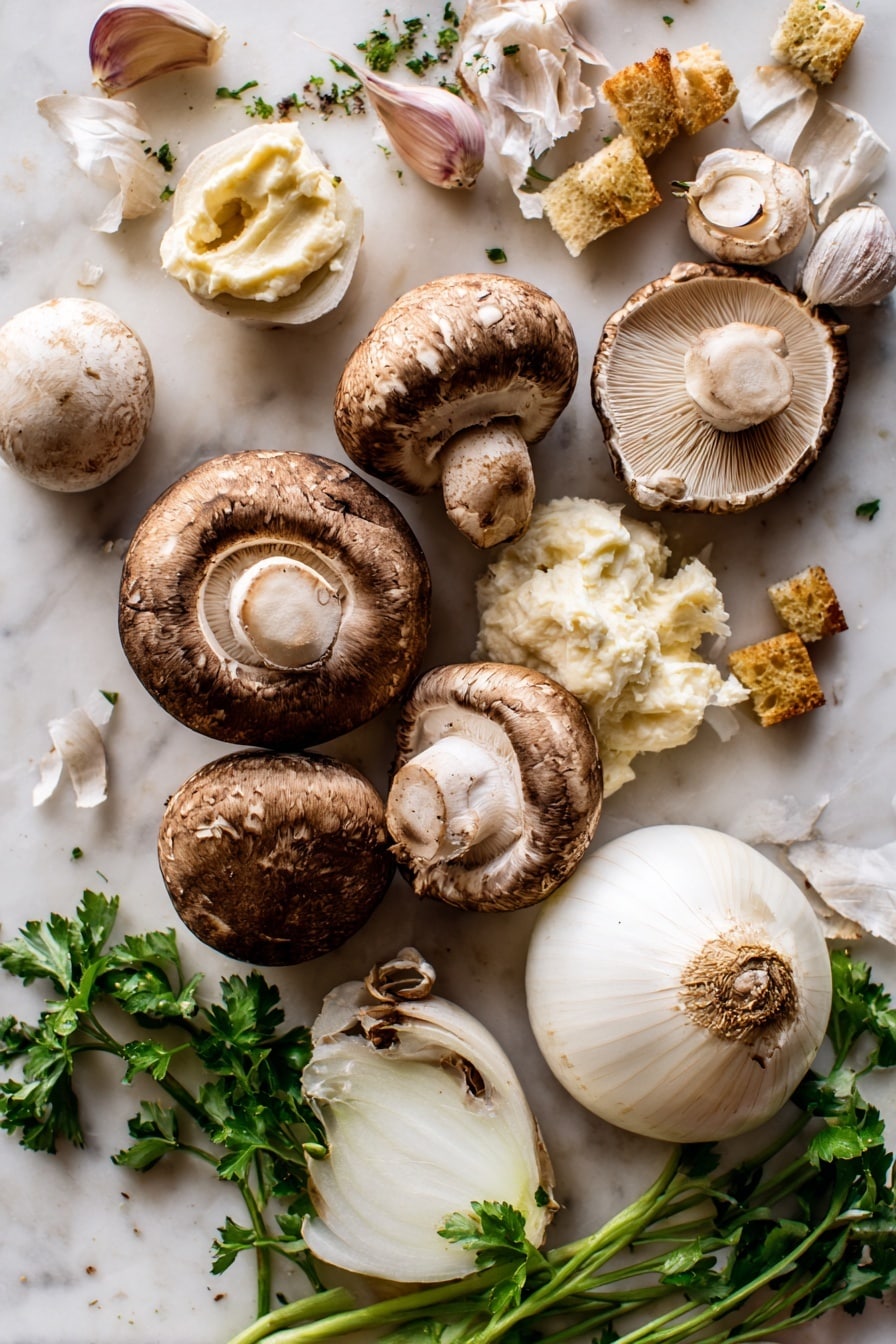 Creamy Mushroom Soup with Croutons and Fresh Herbs, mushroom soup recipe, creamy mushroom soup, mushroom and herb soup, easy mushroom soup - Flat lay of fresh white button mushrooms and Swiss brown cremini mushrooms, their smooth caps and textured gills creating a natural mix of creamy white and rich brown tones; a halved and whole onion showing crisp white layers with light purple skin; peeled garlic cloves with their papery skins curling gently; a small bunch of bright green parsley with delicate leaves; a dollop of thick, creamy crème fraiche with a soft, velvety texture; golden-brown toasted croutons casting warm hues and crunchy edges; all arranged organically with some loose mushroom slices and scattered parsley leaves, placed on white marbled surface, photo taken with an iphone --ar 2:3 --v 7