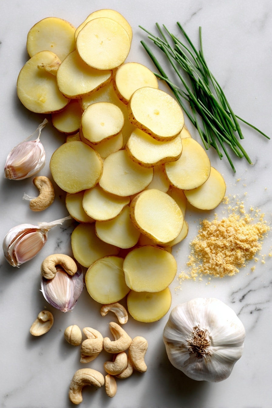 Vegan Scalloped Potatoes, vegan potato casserole, plant-based scalloped potatoes, dairy-free scalloped potatoes, vegan potato side dish - Flat lay of golden Yukon gold potatoes sliced thinly with smooth pale yellow skin, raw cashews creamy beige in color, a handful of bright green fresh chives finely chopped, a large glossy white onion with delicate purple edges, plump garlic cloves with their papery white skins slightly peeled back, and a small mound of pale golden nutritional yeast flakes, all naturally arranged with some cashews spilling gently, scattered chives, and sliced potatoes layered loosely, placed on white marbled surface, photo taken with an iphone --ar 2:3 --v 7