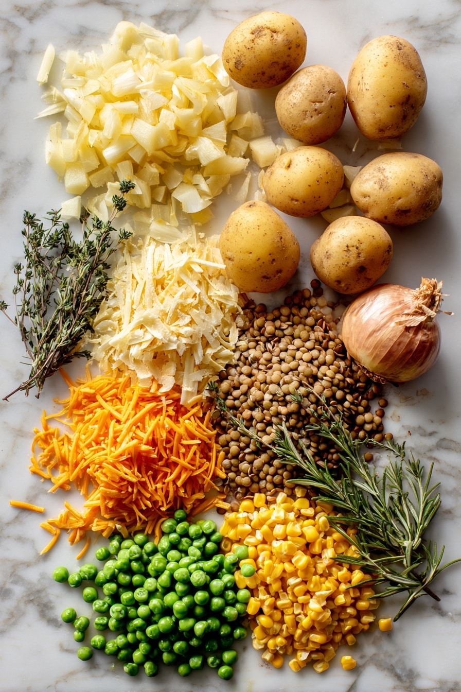 Lentil Shepherd’s Pie with Cheesy Mashed Potatoes, hearty vegetarian shepherd's pie, vegan lentil casserole, comforting plant-based dinner, easy lentil pie recipe - Flat lay of peeled russet potatoes with a rough, starchy texture, bright yellow diced onion pieces, smooth garlic cloves with papery skins, cooked brown lentils with a soft, round shape, vibrant green frozen peas mixed with small, bright orange carrot chunks, plump golden yellow corn kernels, fresh sprigs of dried rosemary and thyme displaying delicate needle-like leaves and tiny rounded leaves in earthy green hues, sprinkled with shredded vegan cheddar cheese in rich orange-yellow strands, all arranged naturally and invitingly with some ingredients overlapping gently, placed on white marbled surface, photo taken with an iphone --ar 2:3 --v 7