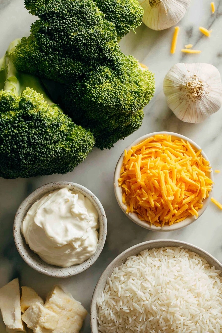 Cheesy Broccoli Rice Vegan Casserole, vegan broccoli casserole, plant-based cheesy rice casserole, healthy vegan broccoli bake, dairy-free cheesy casserole - Flat lay of vibrant green broccoli florets with rich texture, plump white long grain rice grains scattered softly nearby, tender pieces of golden-brown vegan chicken with a slightly crispy surface, four cloves of fresh garlic with papery white skins, a small mound of bright orange vegan shredded cheddar cheese with a delicate melt-ready texture, creamy off-white vegan cream in a smooth dollop, all naturally arranged with gentle overlaps and soft shadows, placed on white marbled surface, photo taken with an iphone --ar 2:3 --v 7