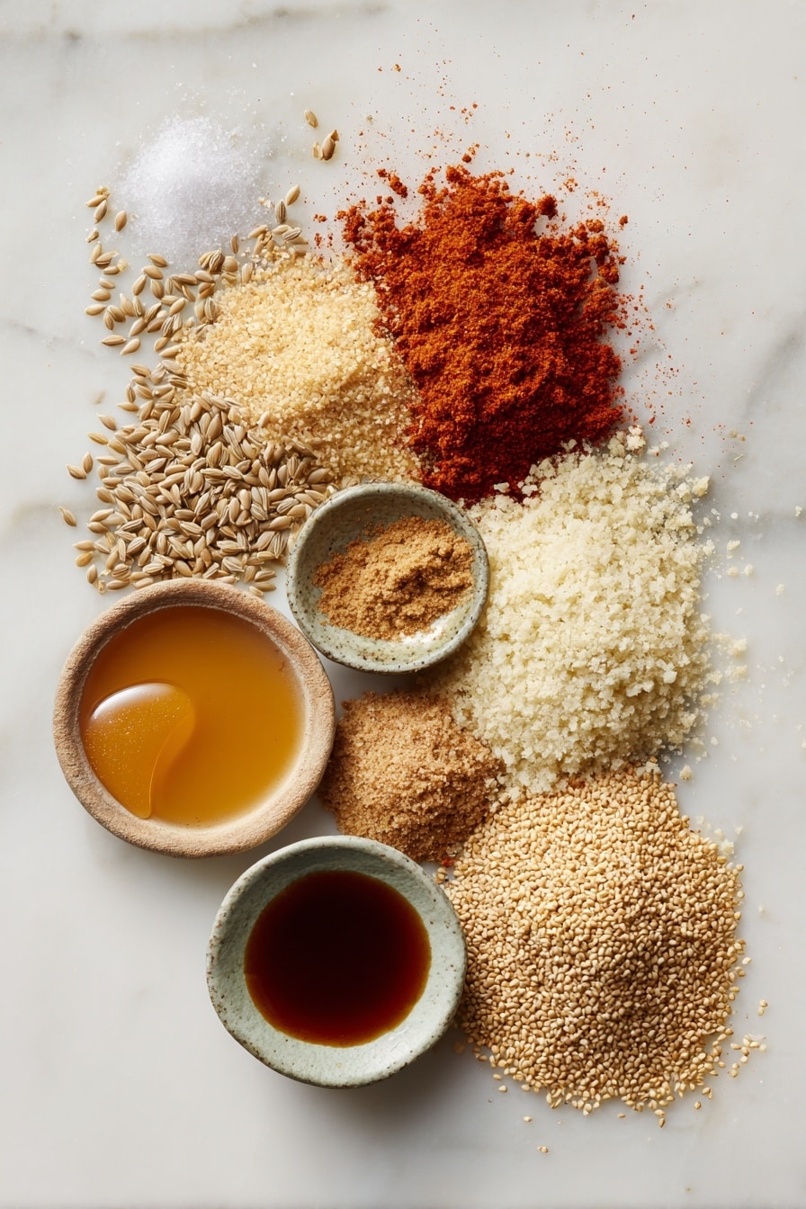 Vegan Breakfast Sausage, plant-based breakfast sausage, vegan sausage recipe, healthy vegan breakfast, vegetarian sausage skillet - Flat lay of textured vegetable protein chunks soaking in warm golden vegetable broth, scattered fennel seeds with their tiny oval shapes, vibrant rusty red smoked paprika powder dusted lightly, smooth piles of pale beige onion and garlic powders, small heap of rich brown soy sauce glistening in a drop, golden ground flaxseeds showing their fine grainy texture, soft fluffy white panko breadcrumbs, and a small amber pool of pure maple syrup catching light, all beautifully arranged with natural spacing and gentle overlaps, placed on white marbled surface, photo taken with an iphone --ar 2:3 --v 7