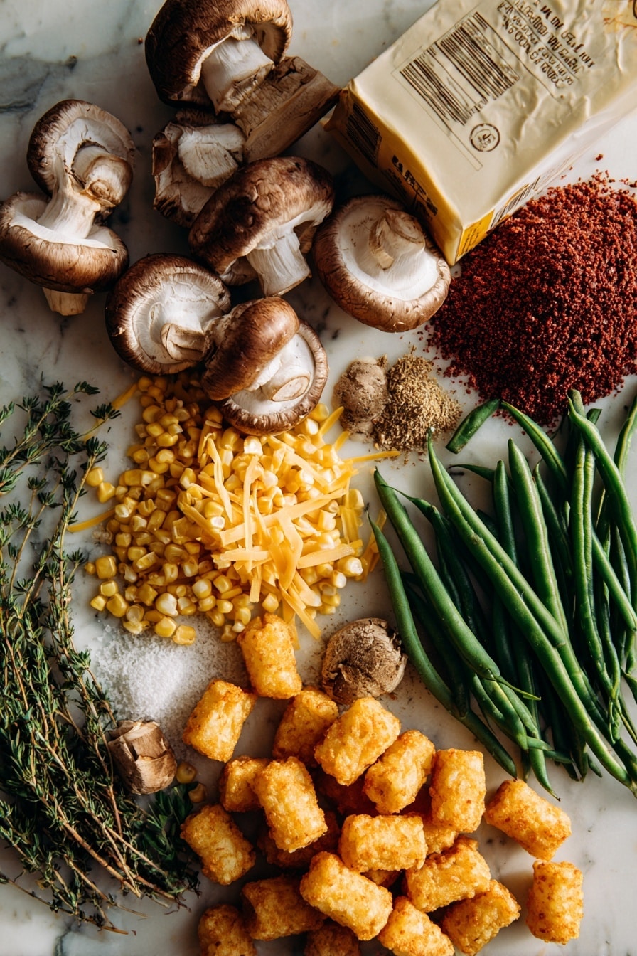 Vegan Tater Tot Casserole with Impossible Beef, vegan casserole, plant-based comfort food, vegan cheesy casserole, mushroom green bean casserole - Flat lay of fresh cremini mushrooms with rich brown caps and creamy white stems, bright yellow corn kernels scattered in a small pile, vibrant green beans with smooth surfaces and crisp ends, a block of golden vegan cheddar cheese shreds loosely gathered, a mound of textured Impossible brand vegan ground beef in deep reddish-brown hues, raw golden tater tots with crisp potato texture, a smooth coconut milk carton partially opened showing white creamy liquid, and sprigs of dried oregano and ground cumin spices in small neat heaps, all naturally arranged with gentle overlaps and shadows emphasizing their fresh textures, placed on white marbled surface, photo taken with an iphone --ar 2:3 --v 7