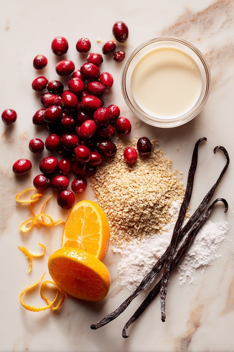 Cranberry Orange Bread with Orange Glaze, citrus cranberry bread, holiday bread with cranberries and orange, moist cranberry orange loaf, festive citrus bread - Flat lay of fresh whole cranberries with their deep red color and glossy texture, a bright orange with vibrant zest and juicy wedges, a small pile of golden ground flaxseeds showing their grainy texture, a light sprinkling of white all-purpose flour, a smooth pool of golden canola oil shimmering slightly, a small glass of creamy soy milk with its soft white tone, and a sprig of fresh vanilla bean pods in dark brown, all naturally arranged with some orange zest curls scattered delicately around, placed on white marbled surface, photo taken with an iphone --ar 2:3 --v 7