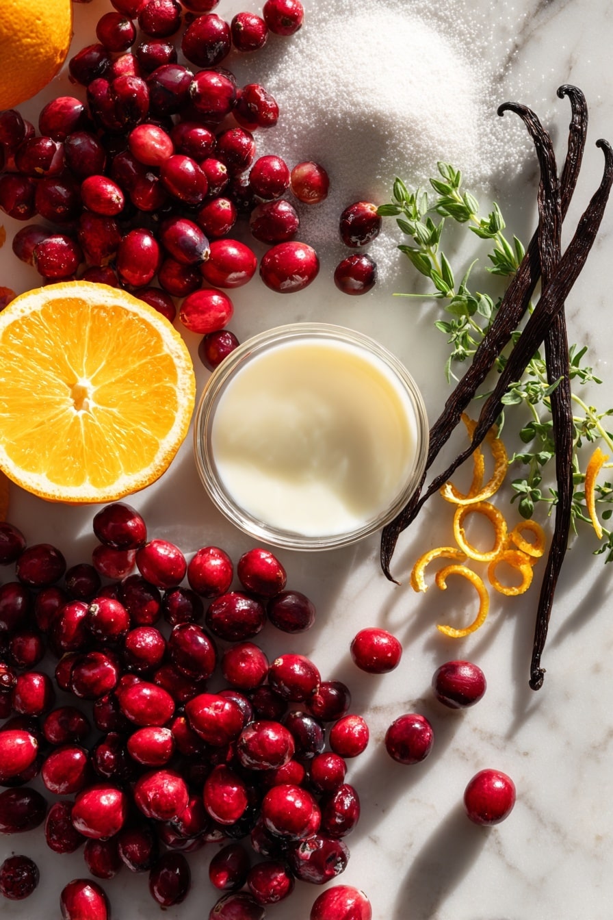 Cranberry Orange Muffins, cranberries orange muffins, citrus cranberry muffins, fluffy cranberry muffins, easy muffin recipes - Flat lay of bright red fresh cranberries scattered next to vibrant orange halves and delicate orange zest curls, smooth pale yellow canola oil glistening in a small natural pool, creamy white soy milk in a subtle splash, a small mound of pure white granulated sugar sparkling softly, warm vanilla beans with their dark brown seeds visible, and a few sprigs of fresh green herbs gently resting nearby, all beautifully arranged with natural light highlighting the textures and colors, placed on white marbled surface, photo taken with an iphone --ar 2:3 --v 7