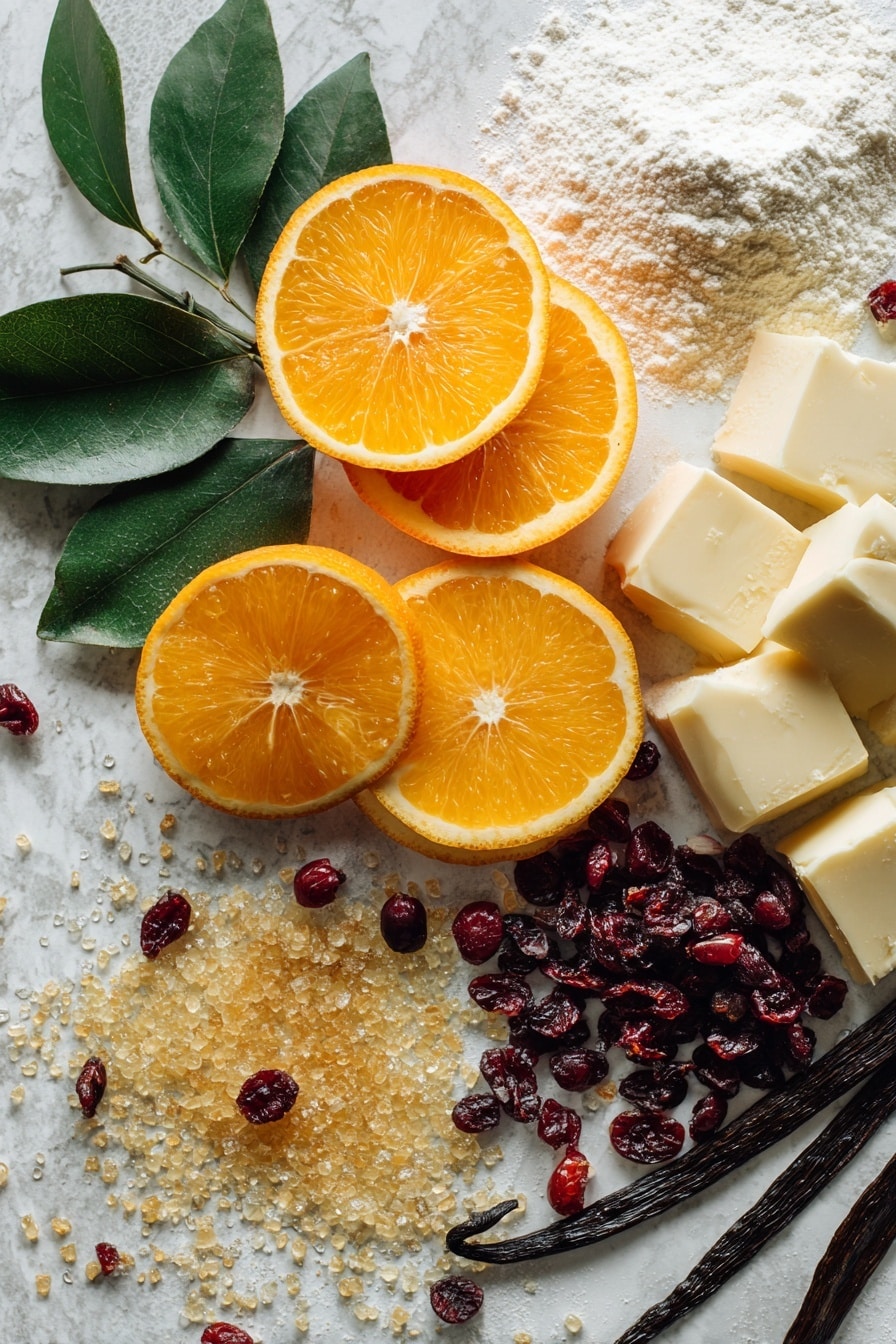 Orange Cranberry Shortbread Cookies, citrus cranberry cookie recipe, easy holiday shortbread, buttery fruit cookies, cranberry orange dessert - Flat lay of vibrant fresh oranges sliced to show their bright orange flesh, small bunches of glossy dried cranberries scattered naturally, soft blocks of creamy vegan butter with smooth texture, whole vanilla pods with rich dark brown color, vibrant green orange leaves adding a fresh touch, golden granulated sugar crystals glistening in the light, fine white powdered sugar dusted softly nearby, and a small heap of light beige all-purpose flour with a powdery texture, all beautifully arranged with careful spacing and contrasting colors on a white marbled surface, photo taken with an iphone --ar 2:3 --v 7