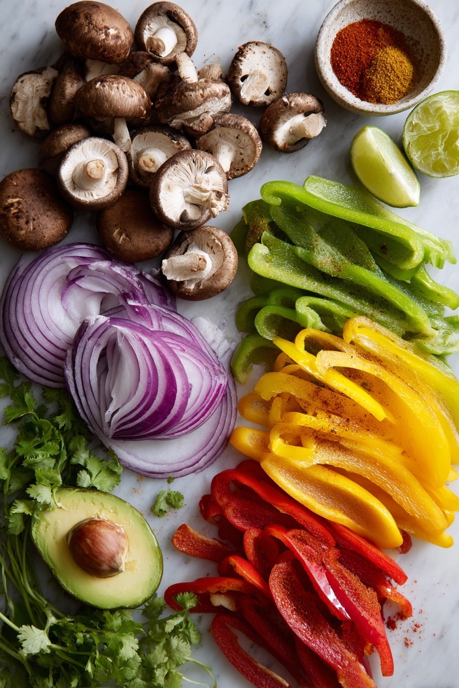 Vegetarian Fajitas, easy veggie fajitas, healthy fajita recipe, quick vegetarian dinner, colorful veggie fajitas - Flat lay of vibrant red, green, and yellow bell peppers sliced into long strips, glossy cremini mushrooms with rich brown caps and smooth texture, thinly sliced red onion rings showing their deep purple and white layers, bright green lime wedges with juicy segments visible, fresh cilantro sprigs with delicate leaves, ripe avocado halves with creamy green flesh, and a small pile of colorful chili powder, ground cumin, and smoked paprika powders in warm red and orange hues artfully scattered, placed on white marbled surface, photo taken with an iphone --ar 2:3 --v 7