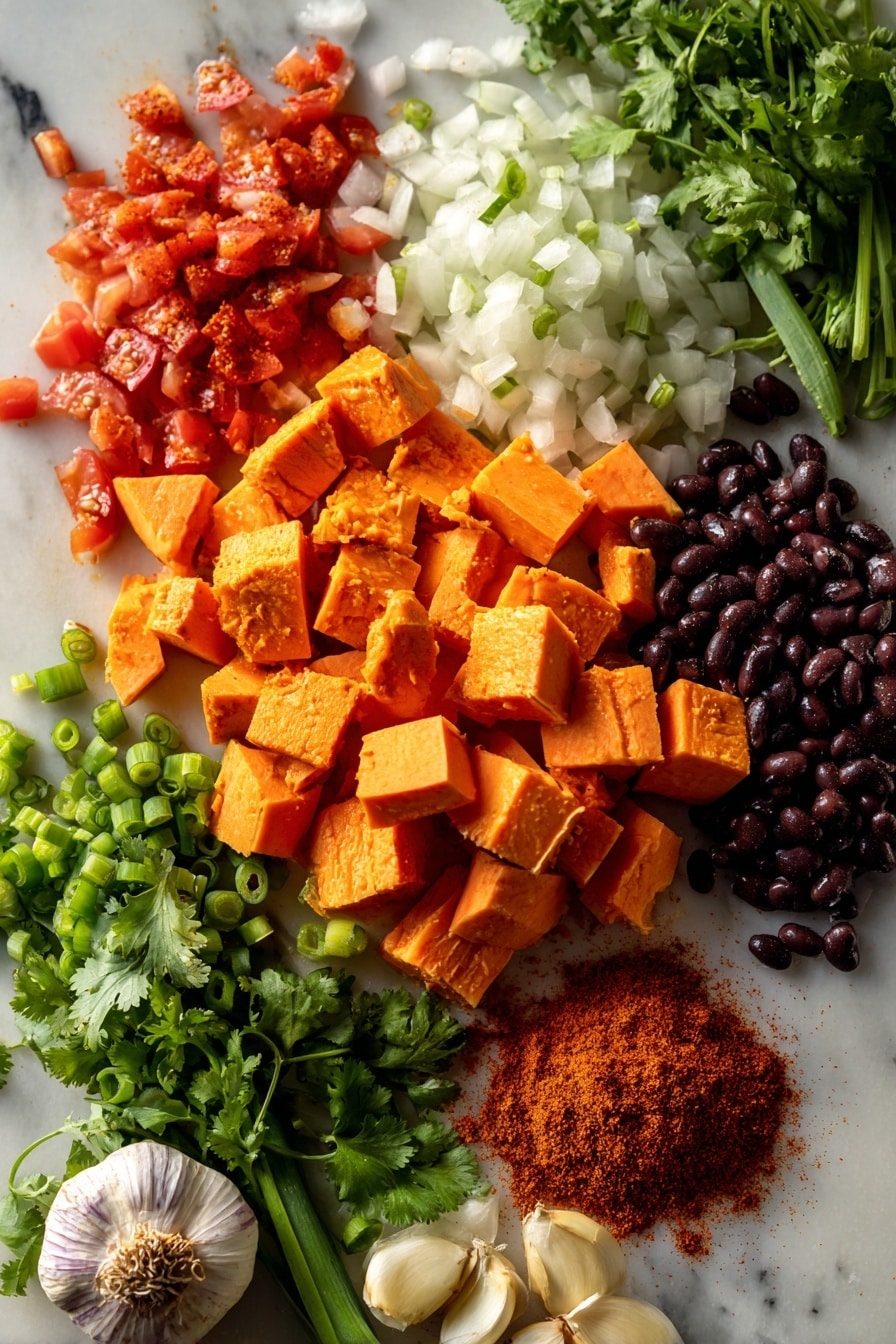 Sweet Potato Black Bean Chili, hearty vegan chili, healthy chili recipe, easy vegetarian chili, comforting plant-based dinner - Flat lay of bright orange diced sweet potatoes with smooth skin, glossy black beans scattered around, vibrant red diced tomatoes with juicy textures, chopped white onion pieces with delicate layers, fresh green cilantro leaves, thinly sliced green onions with crisp edges, whole garlic cloves with papery skins, and deep red chili powder sprinkled artfully, all arranged naturally to showcase contrasting colors and textures, placed on white marbled surface, photo taken with an iphone --ar 2:3 --v 7
