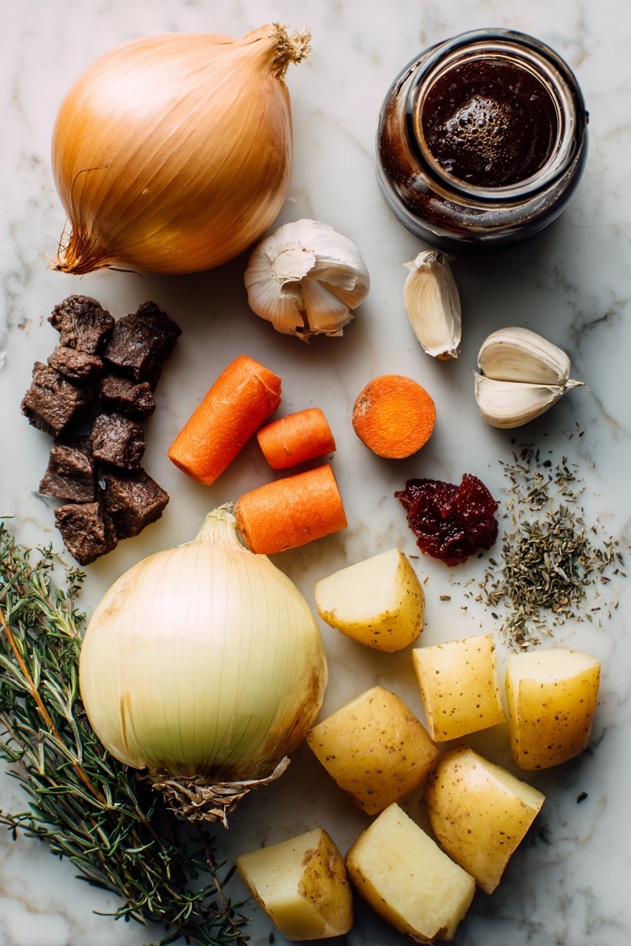 Vegan Irish Stew, vegan Irish stew recipe, hearty plant-based stew, vegan Irish stew with Guinness, vegan Irish stew ingredients - Flat lay of large sweet yellow onion with papery skin and some layers peeling, peeled orange carrots cut into chunks showing fresh texture, golden Yukon potatoes cut into rustic chunks with slightly rough skin edges, a small pile of dark brown Gardein beefless tips with a meaty texture, three peeled garlic cloves with a smooth white surface, dried rosemary and thyme sprigs scattered loosely with green-gray hues, a small heap of deep red tomato paste, and a glossy bottle of dark brown stout beer partially visible, all arranged naturally with some herbs overlapping the vegetables, placed on white marbled surface, photo taken with an iphone --ar 2:3 --v 7
