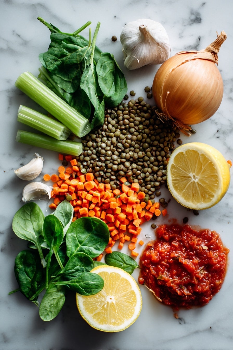 The Best Lentil Soup, hearty lentil soup recipe, easy lentil soup, nourishing lentil soup, comforting lentil soup - Flat lay of fresh green and brown lentils scattered beside bright orange chopped carrots and light green celery ribs, a whole medium onion with its papery skin partially peeled back, three plump garlic cloves with smooth white skins, a handful of vibrant baby spinach leaves showing deep green shades and delicate veins, a bright yellow lemon cut in half revealing juicy segments, and a small pile of rich red crushed tomatoes with visible seeds and pulp, all naturally arranged with soft natural light highlighting their varied textures and colors, placed on white marbled surface, photo taken with an iphone --ar 2:3 --v 7