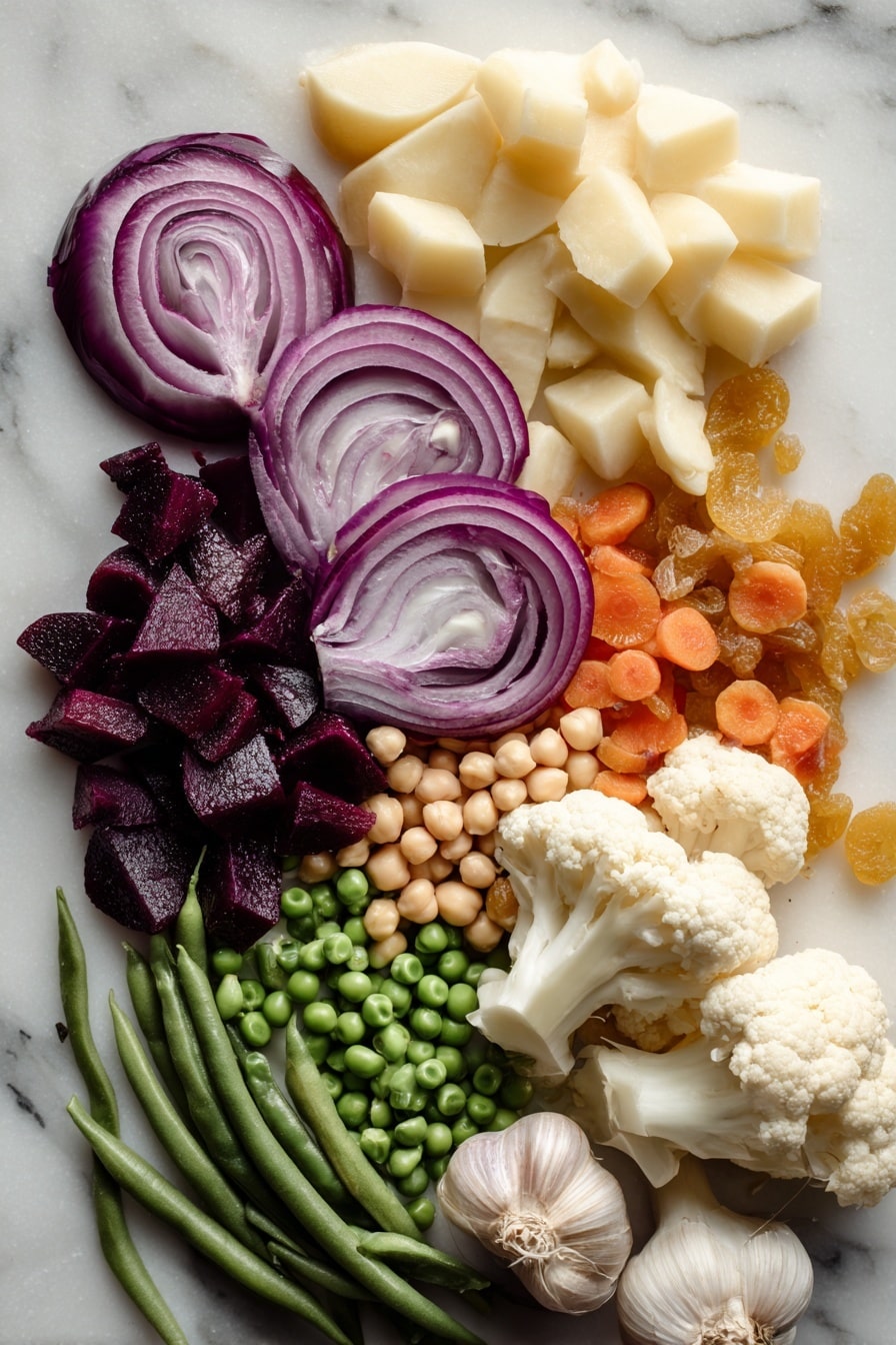 Vegan Biryani, vegan rice dish, plant-based biryani, vegan dinner ideas, easy vegan recipes - Flat lay of fresh red onion thinly sliced with deep purple and white layers, peeled orange carrot slices cut diagonally showing vibrant texture, pale yellow Yukon gold potato chunks with smooth skin, creamy white cauliflower florets with natural curvy shapes, bright green frozen peas and green beans adding crisp freshness, light beige chickpeas with a round, matte surface, small golden raisins scattered for a touch of sweetness, fresh ginger root with knobby, light brown skin and fibrous texture, and plump garlic cloves with papery white skin arranged naturally in clusters, placed on white marbled surface, photo taken with an iphone --ar 2:3 --v 7