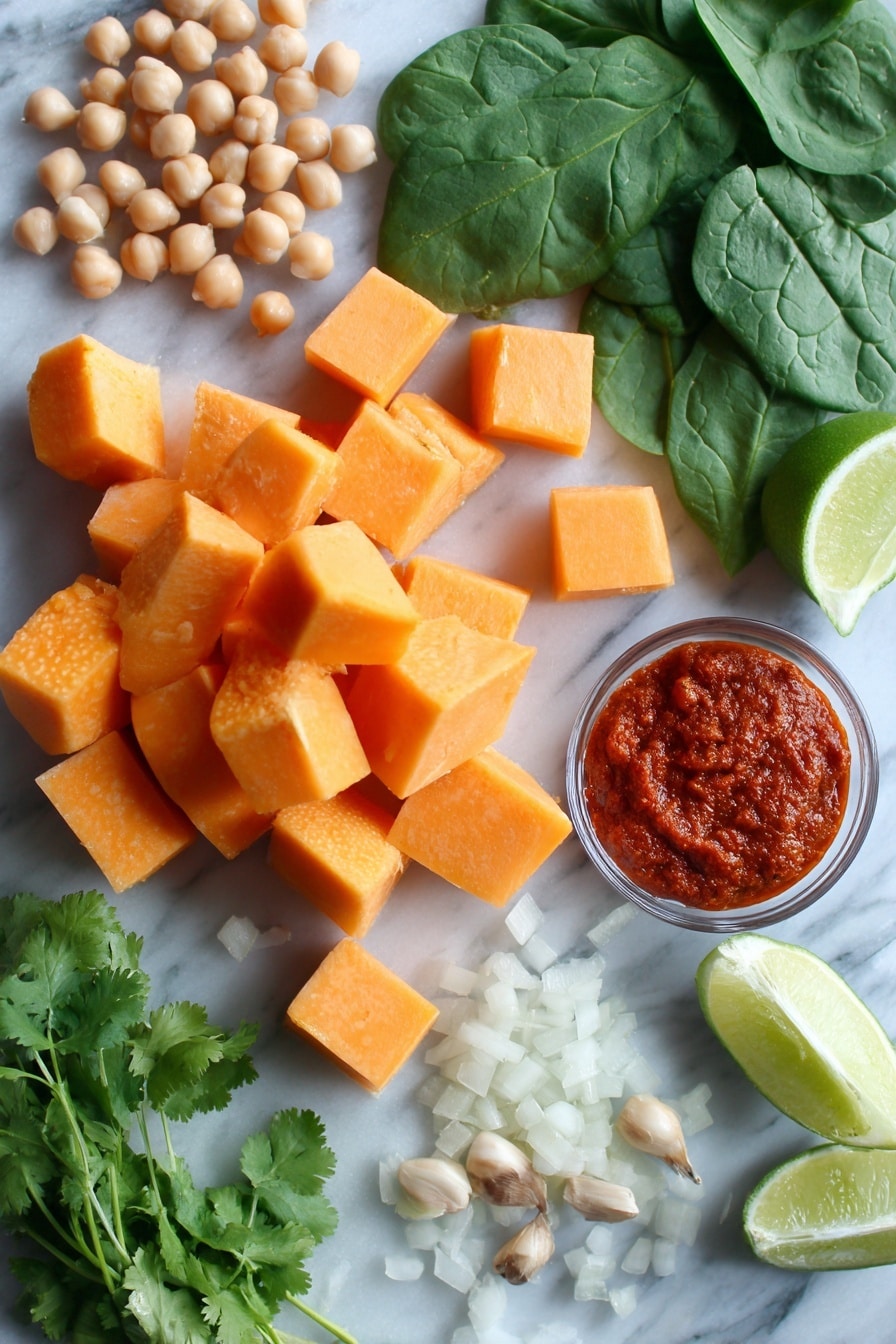 Butternut Squash Curry with Chickpeas, healthy vegan curry recipe, easy vegetarian dinner, cozy fall recipes, plant-based comfort food - Flat lay of vibrant orange butternut squash cubes with smooth, matte skin, plump light beige chickpeas, bright green baby spinach leaves with delicate veins, a small pile of finely diced translucent sweet onion, pale beige garlic cloves with papery texture, fresh ginger root showing its knobby light brown skin and creamy interior, vivid deep red curry paste dollops with a glossy texture, shiny fresh lime wedges revealing juicy, bright green flesh, and a small bunch of leafy cilantro with rich green hues and feathery edges, all beautifully arranged with natural spacing and slight overlaps, placed on white marbled surface, photo taken with an iphone --ar 2:3 --v 7