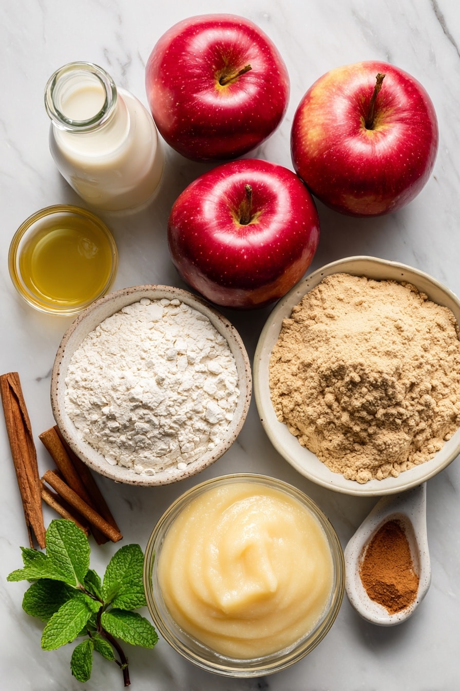 Vegan Apple Cider Donuts, Apple Cider Donuts, Vegan Fall Desserts, Easy Vegan Donut Recipe, Cinnamon Sugar Donuts - Flat lay of fresh red apples with smooth, shiny skin, a small bowl of golden apple cider, a jar of light brown ground cinnamon powder with a soft texture, a mound of whole wheat pastry flour in fine, powdery heaps, creamy off-white soy milk in a glass bottle, a scoop of golden yellow vegan butter with a slightly glossy surface, and a bowl of smooth, pale applesauce with a soft, thick texture, beautifully arranged with a few cinnamon sticks and a sprig of fresh green mint for color contrast, placed on white marbled surface, photo taken with an iphone --ar 2:3 --v 7