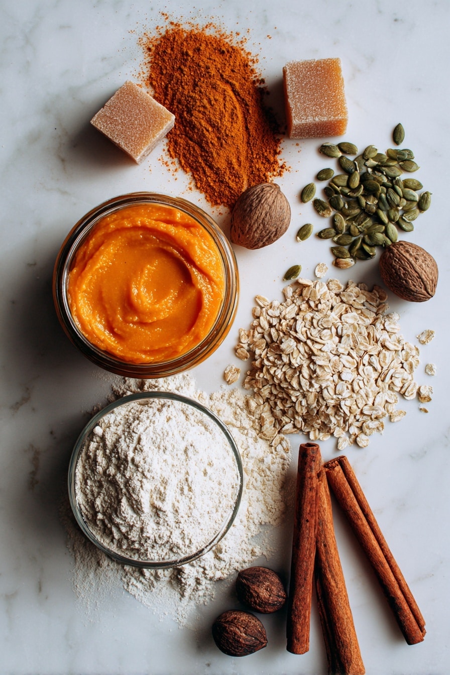 Vegan Pumpkin Bread, healthy pumpkin bread, plant-based pumpkin loaf, fall pumpkin baking, easy vegan bread - Flat lay of bright orange canned pumpkin puree in a glass jar, warm brown sugar crystals in a small heap, glossy green pepitas scattered artistically, light beige ground flaxseeds forming a small mound, a smooth carton of creamy soy milk with a gentle shine, cinnamon sticks with their rich reddish-brown bark, nutmeg seeds showing their rough textured surface, and raw all-purpose flour softly dusted in a pile, all arranged naturally with some ingredients overlapping slightly, placed on white marbled surface, photo taken with an iphone --ar 2:3 --v 7