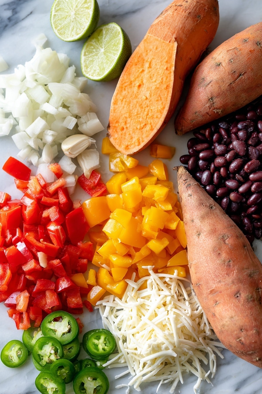 Loaded Vegan Sweet Potato Skins, vegan sweet potato skins, plant-based stuffed sweet potatoes, healthy vegan potato snacks, vegan veggie stuffed sweet potatoes - Flat lay of three vibrant orange sweet potatoes with textured skins, a small pile of finely chopped white onions, two cloves of peeled garlic showing their smooth, creamy surface, bright red diced tomatoes with juicy flesh, colorful mixed bell pepper pieces in red, yellow, and green, a heap of shiny black beans with a glossy finish, scattered shreds of creamy white vegan mozzarella cheese, a halved lime showing its fresh green interior, and small bright green jalapeño slices with seeds visible, all naturally arranged with slight overlaps and shadows, placed on white marbled surface, photo taken with an iphone --ar 2:3 --v 7