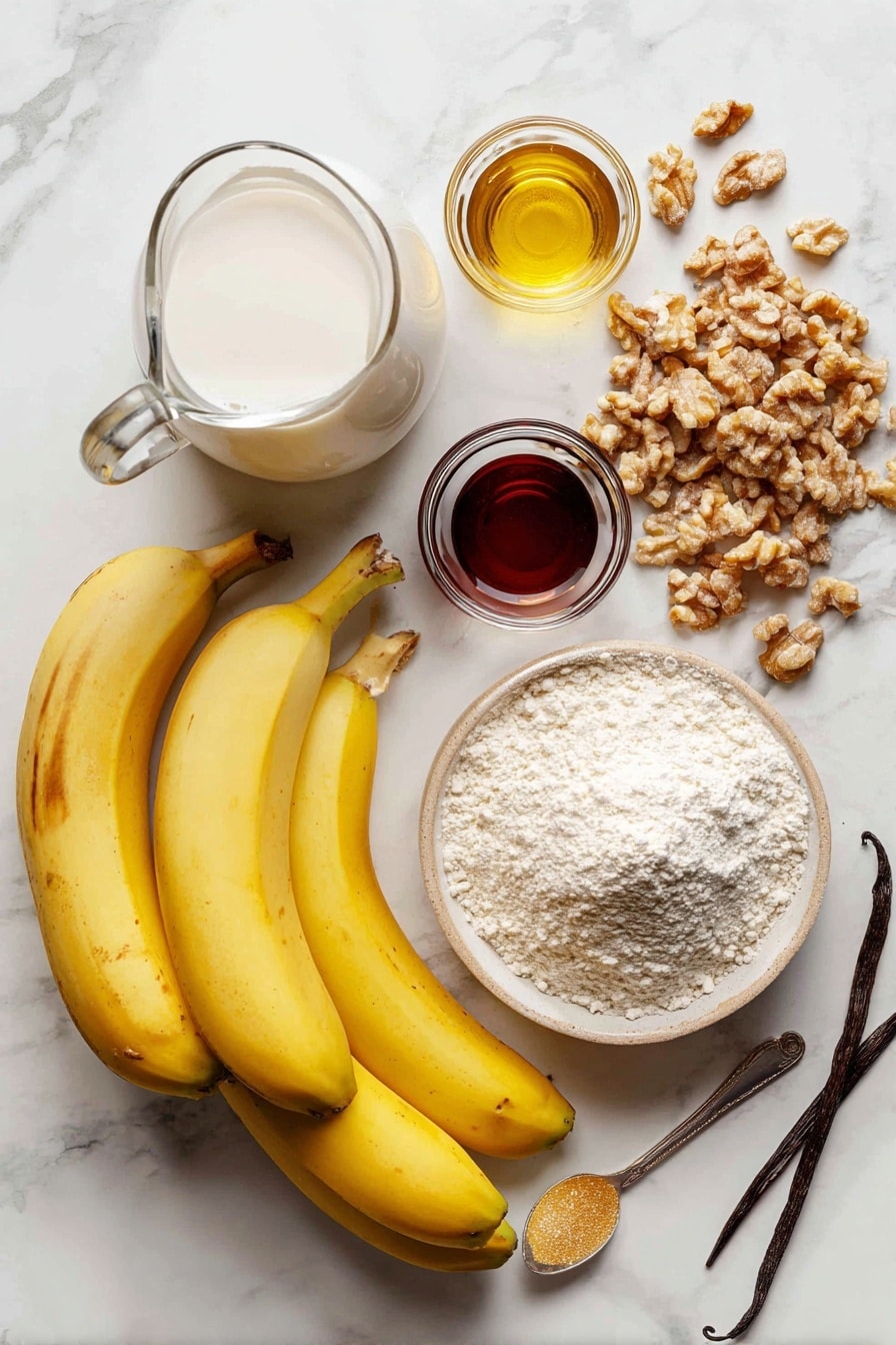 Quick & Easy Vegan Banana Muffins, vegan banana muffins, healthy banana muffin recipe, gluten-free banana muffins, breakfast banana muffins - Flat lay of ripe yellow bananas with smooth peels, a small pile of golden brown chopped walnuts showing their rough texture, a glass jug of creamy white non-dairy milk, a small heap of white all-purpose flour dusted softly, a mound of light brown granulated sugar with sparkling crystals, a dark amber bottle of vanilla extract catching the light, and a spoonful of golden canola oil glistening slightly, all naturally arranged with a touch of green from fresh vanilla beans or cinnamon sticks for contrast, placed on white marbled surface, photo taken with an iphone --ar 2:3 --v 7