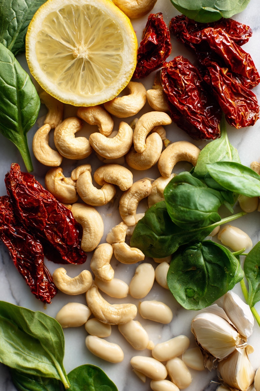 Creamy Sun Dried Tomato Butter Beans with Spinach and Basil, vegan creamy bean dishes, healthy plant-based meals, quick vegetarian dinner ideas, flavorful bean recipes - Flat lay of raw cashews with their smooth, creamy texture nestled beside bright red sun dried tomatoes with a wrinkled, glossy surface, fresh deep green basil leaves with delicate veins, whole garlic cloves showing their papery white skin, vibrant baby spinach leaves with a soft, leafy texture, pale ivory butter beans with a plump and matte finish, and a fresh lemon sliced to reveal its juicy, bright yellow interior, arranged naturally with some overlapping and others spaced evenly, placed on white marbled surface, photo taken with an iphone --ar 2:3 --v 7