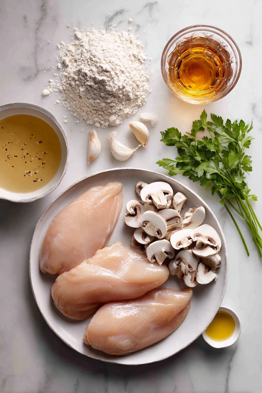 Chicken Marsala, Classic Chicken Marsala, Italian chicken recipes, Mushroom chicken skillet, elegant chicken dinner - Flat lay of four thin boneless skinless chicken breasts, a small mound of all-purpose flour on a shallow white plate, a few cloves of garlic peeled and minced, a handful of sliced white and cremini mushrooms, a small bunch of fresh parsley with some leaves minced, a glass partially filled with amber Marsala wine, a small bowl of light chicken broth, two teaspoons of golden olive oil in a tiny dish, placed on a white marble surface, photo taken with an iphone --ar 2:3 --v 7